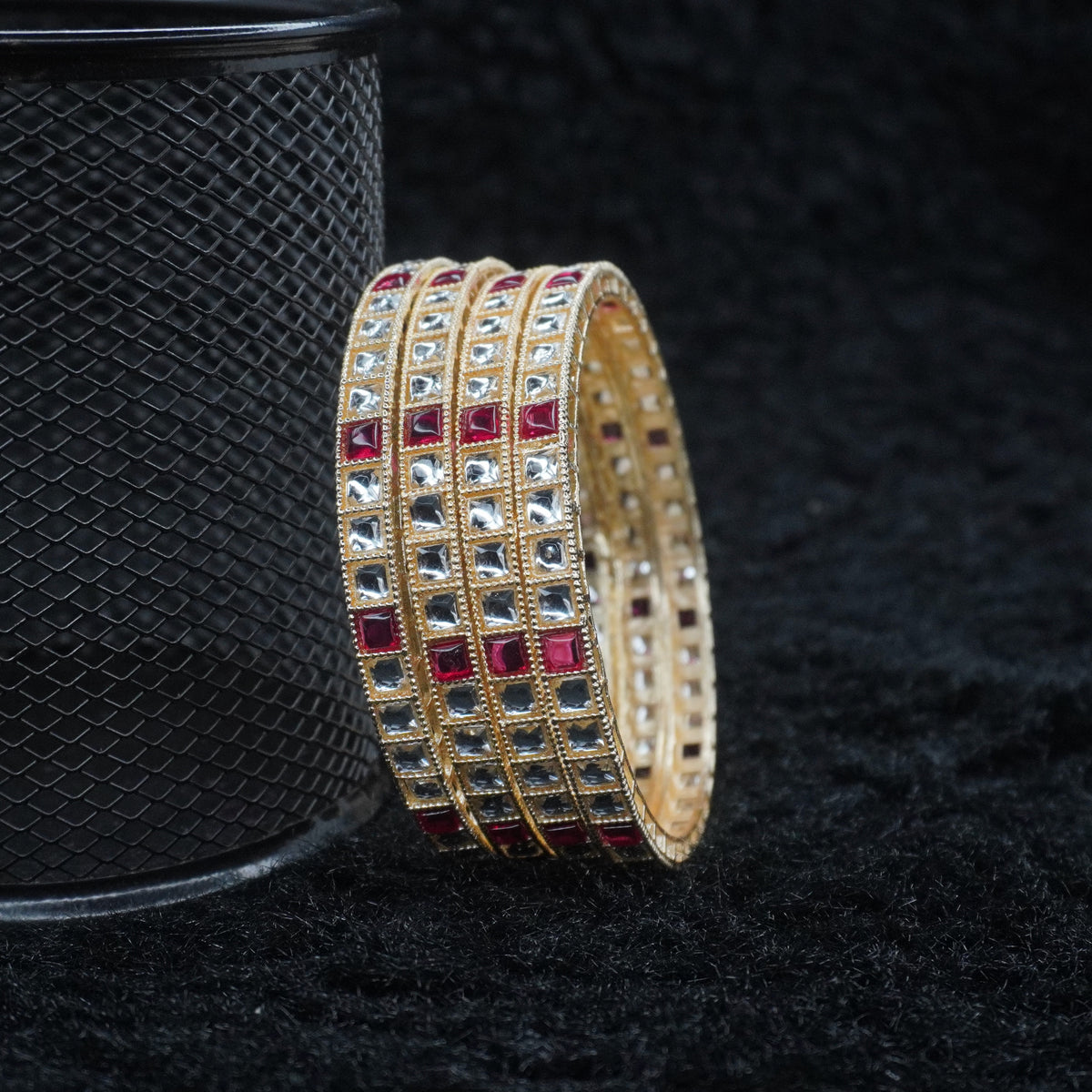Gold-Plated Ruby Kundan Bangles Set of 4 – Square Stone Traditional Ethnic Wear