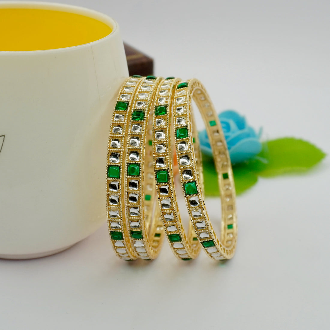 Gold-Plated Emerald Green Kundan Bangles Set of 4 – Square Stone Traditional Ethnic Wear