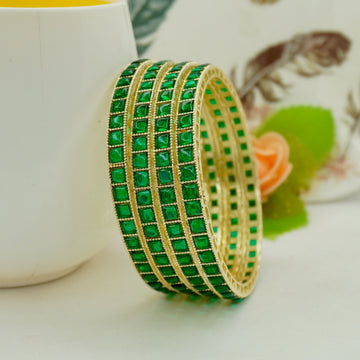 Gold-Plated Kundan Bangles Set of 4 with Emerald Green Square Stones – Traditional Ethnic Wear
