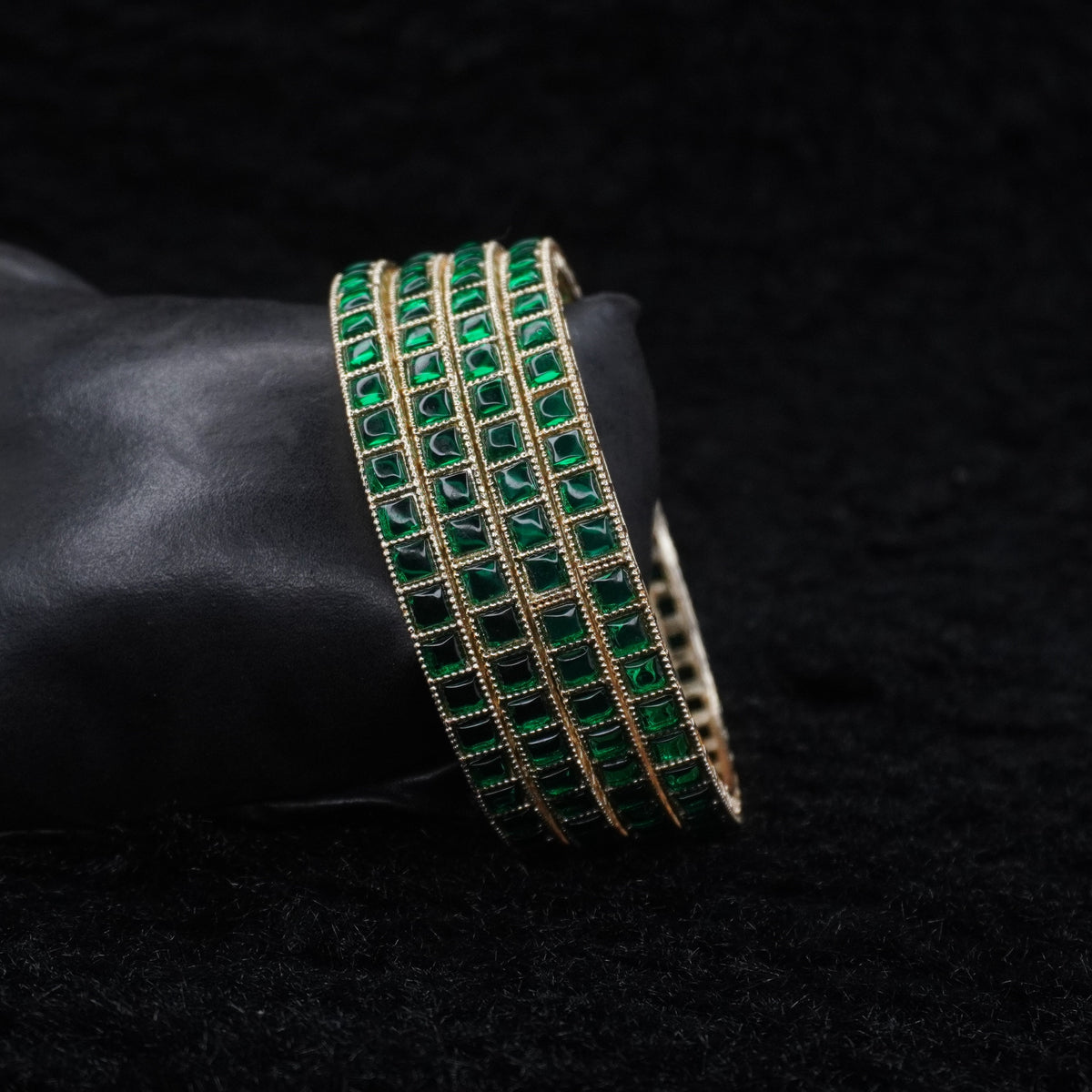 Gold-Plated Kundan Bangles Set of 4 with Emerald Green Square Stones – Traditional Ethnic Wear