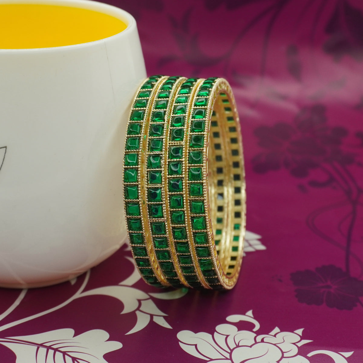 Gold-Plated Kundan Bangles Set of 4 with Emerald Green Square Stones – Traditional Ethnic Wear