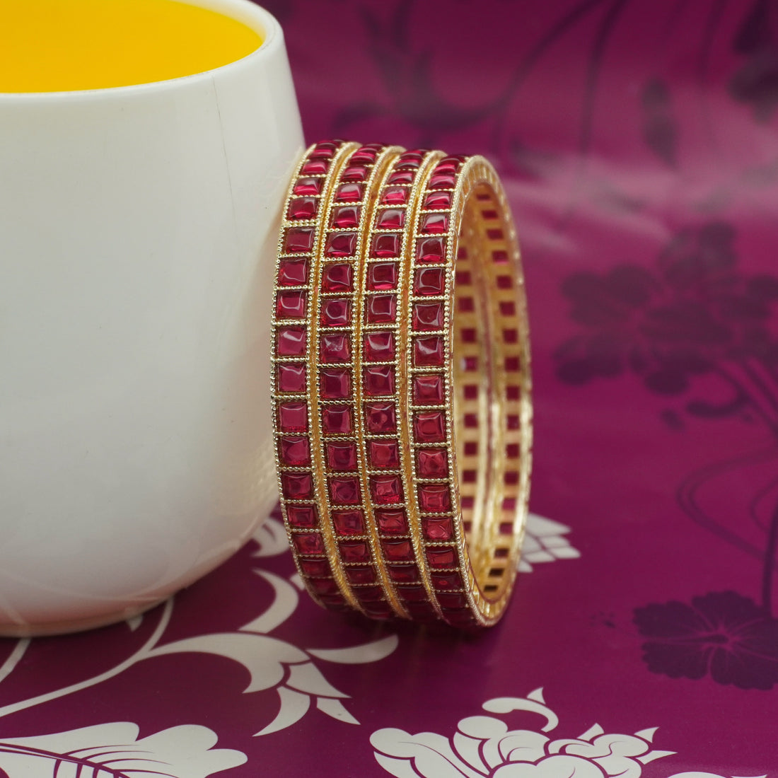 Gold-Plated Kundan Bangles Set of 4 with Ruby Red Square Stones – Traditional Bridal Wear