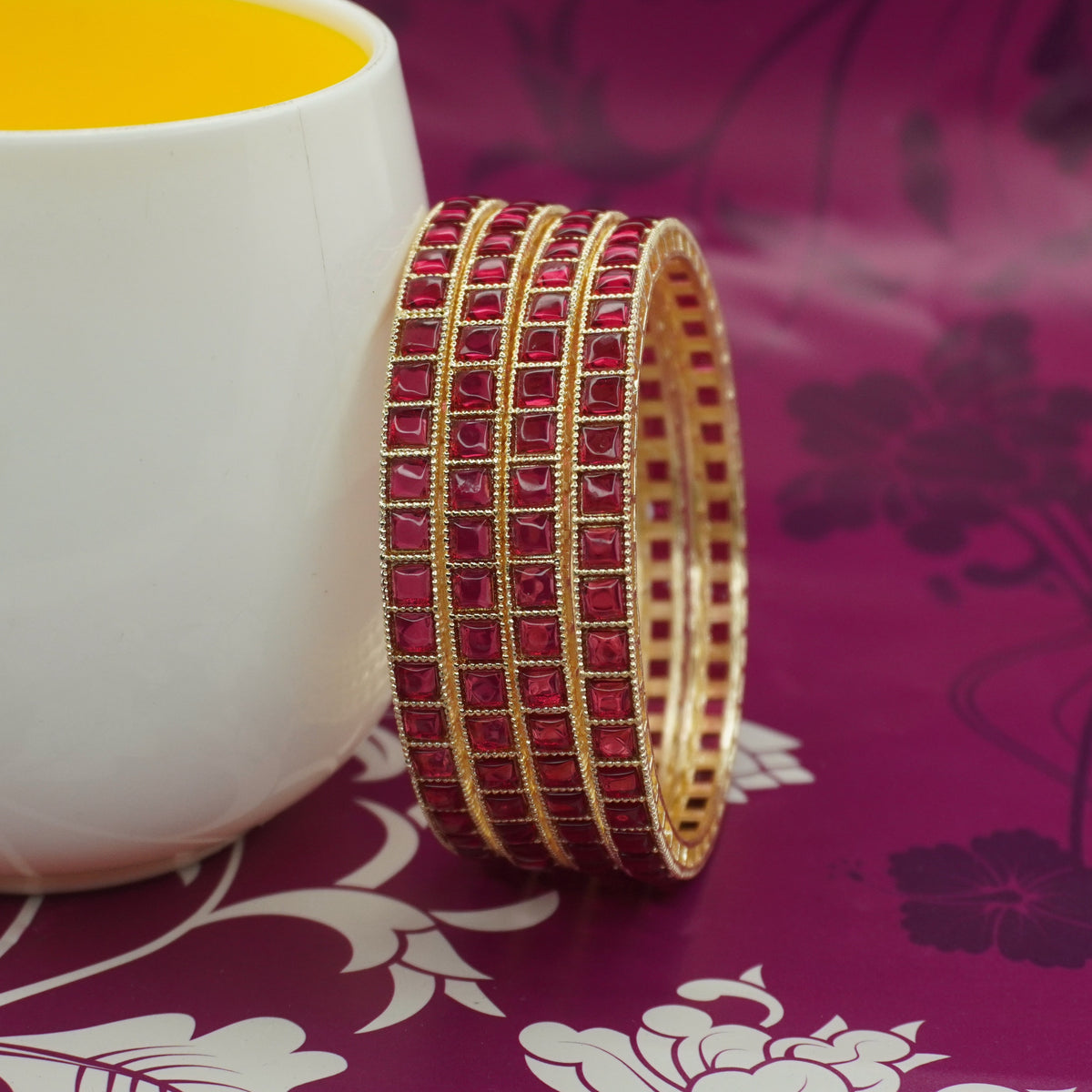 Gold-Plated Kundan Bangles Set of 4 with Ruby Red Square Stones – Traditional Bridal Wear