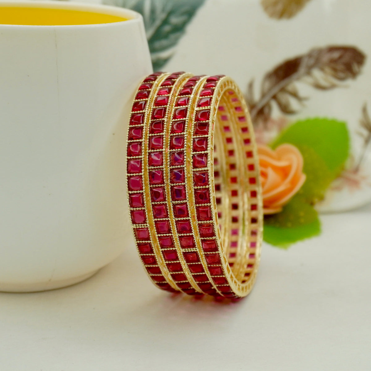 Gold-Plated Kundan Bangles Set of 4 with Ruby Red Square Stones – Traditional Bridal Wear