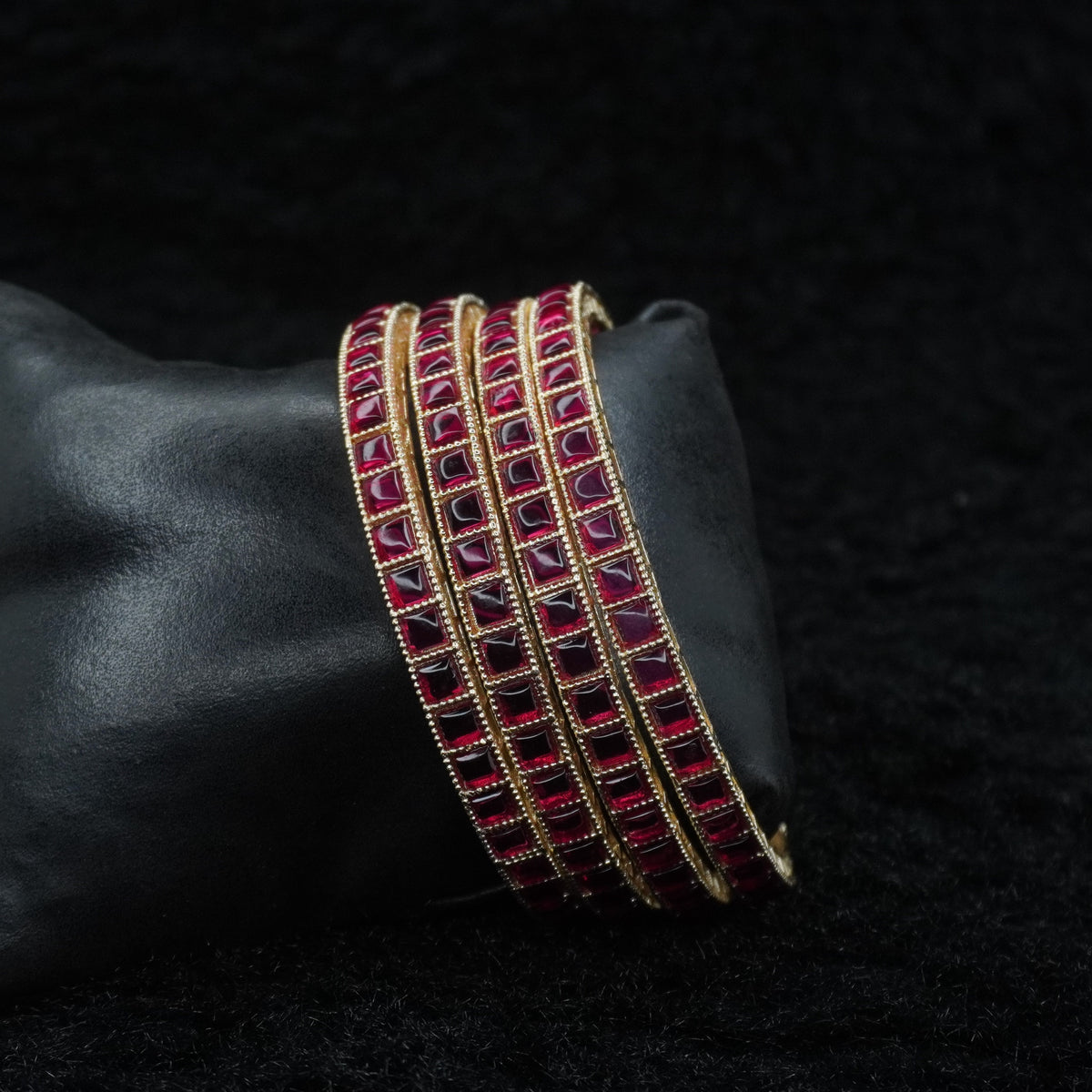 Gold-Plated Kundan Bangles Set of 4 with Ruby Red Square Stones – Traditional Bridal Wear