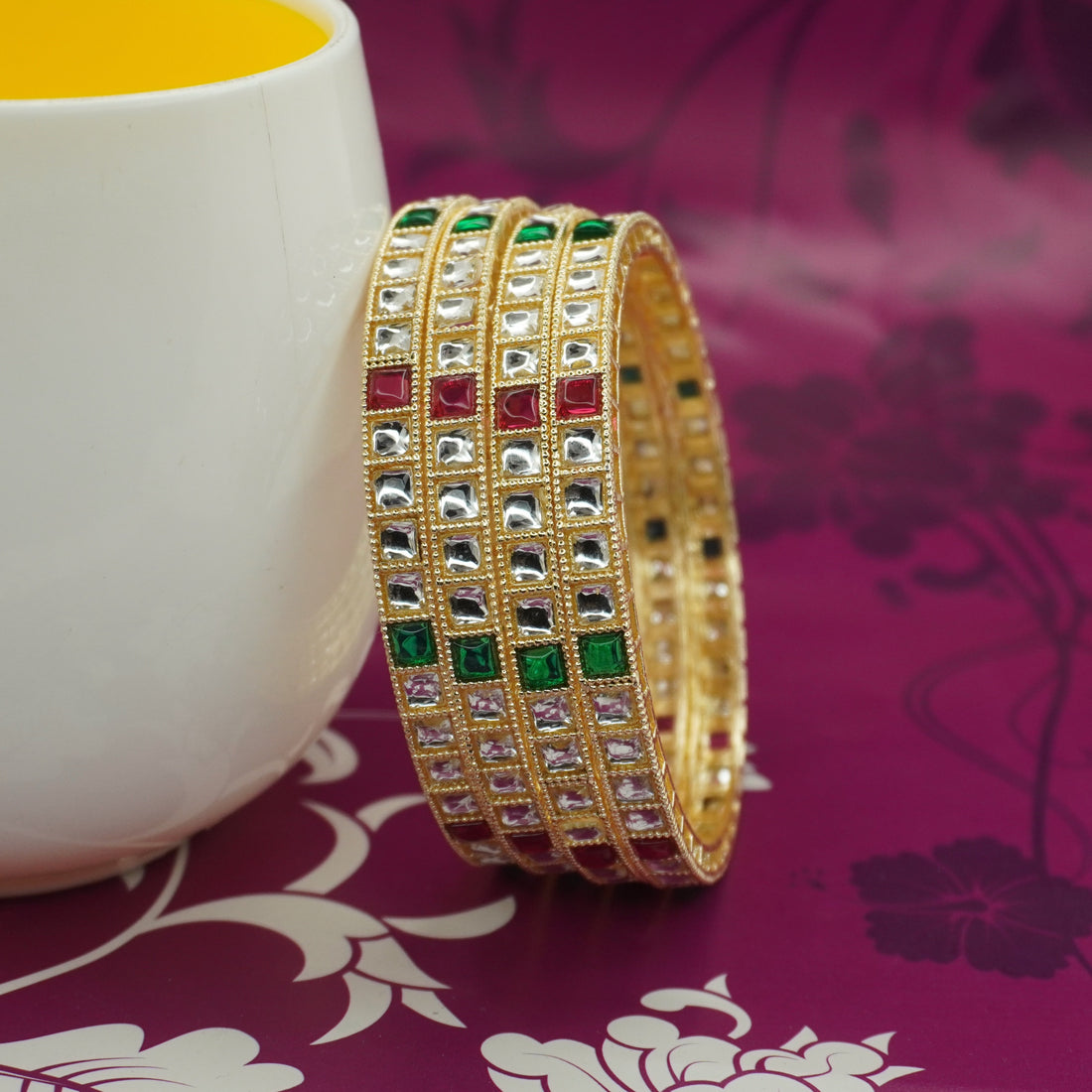Gold-Plated Kundan Bangles Set of 4 with Ruby & Emerald Green Square Stones – Traditional Ethnic Wear