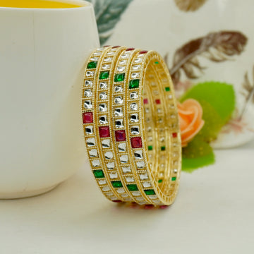 Gold-Plated Kundan Bangles Set of 4 with Ruby & Emerald Green Square Stones – Traditional Ethnic Wear