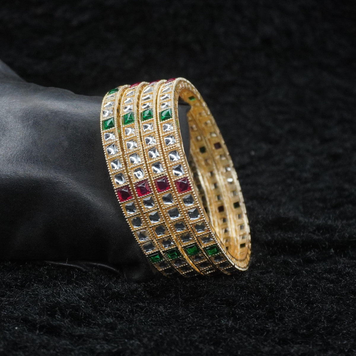 Gold-Plated Kundan Bangles Set of 4 with Ruby & Emerald Green Square Stones – Traditional Ethnic Wear