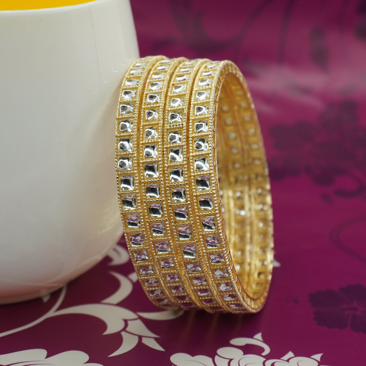 Gold-Plated White Kundan Bangles Set of 4 – Square Stone Traditional Ethnic Wear