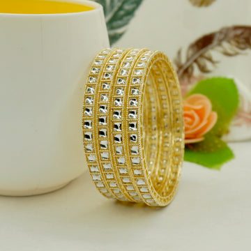 Gold-Plated White Kundan Bangles Set of 4 – Square Stone Traditional Ethnic Wear