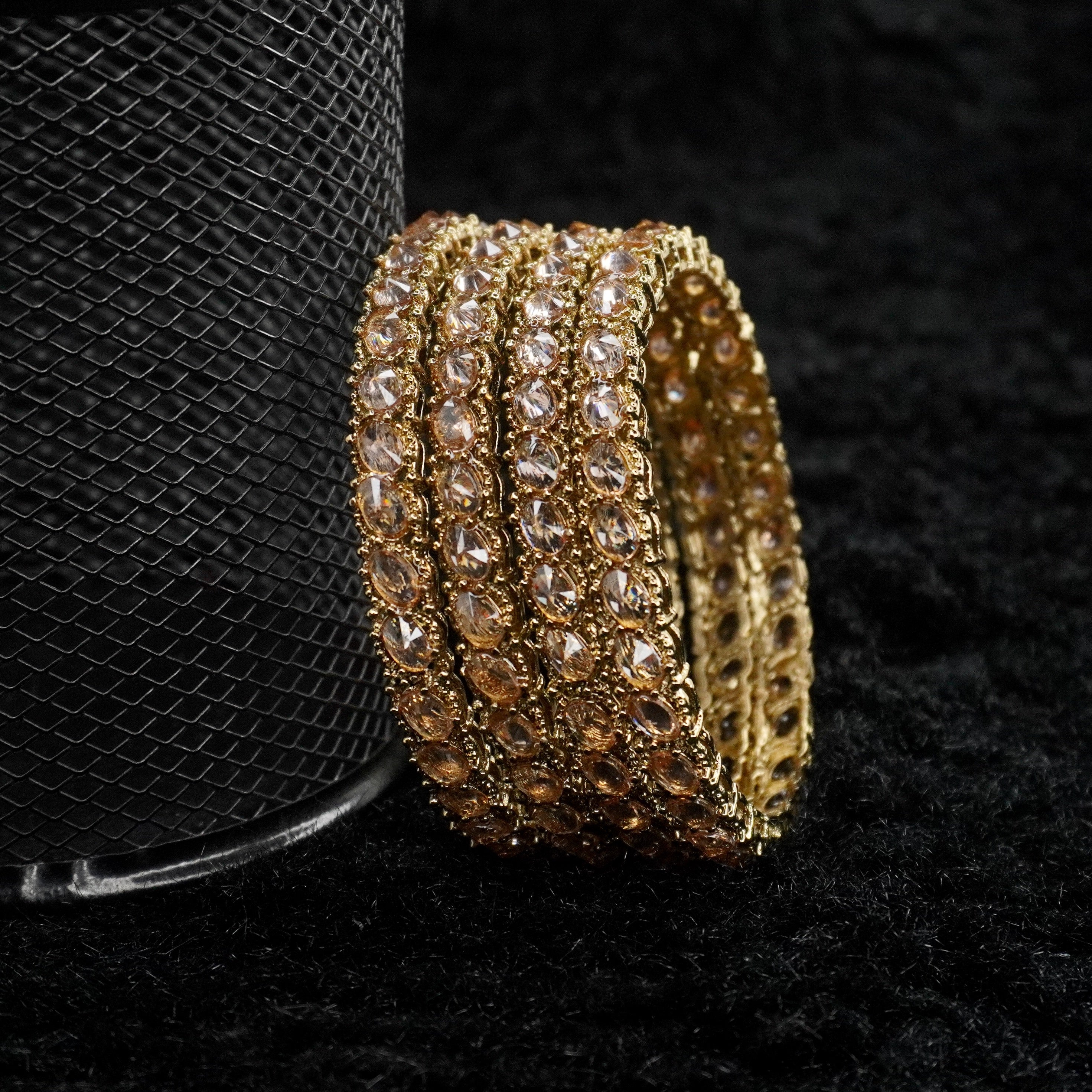 Designer Gold Plated American Diamond Stone Studded Bangles Set for Women Bridal Wedding Party Wear Ethnic Jewellery