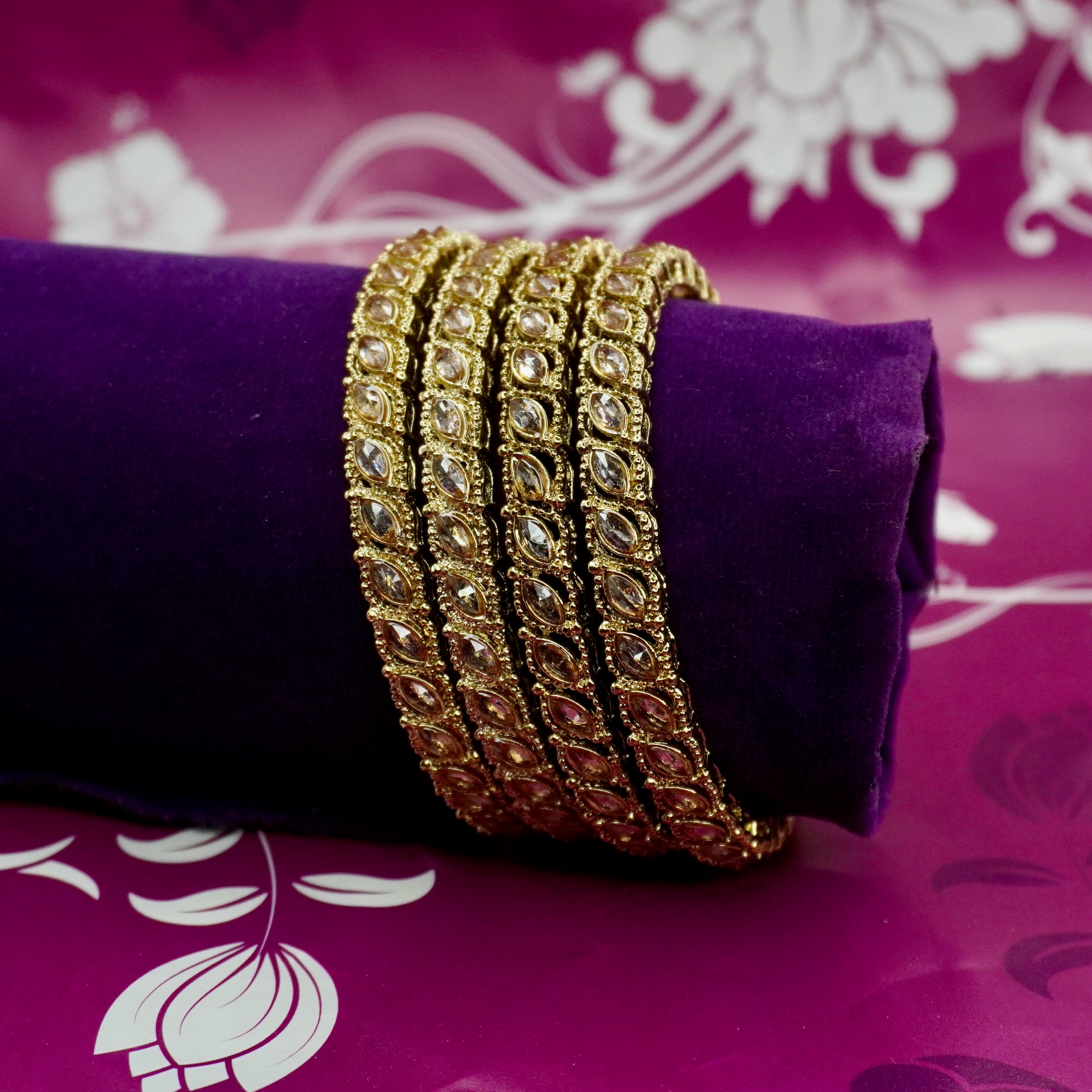 Indian Gold Plated CZ Marquise Bangle Set | Bridal Wedding Ethnic Jewelry for Women