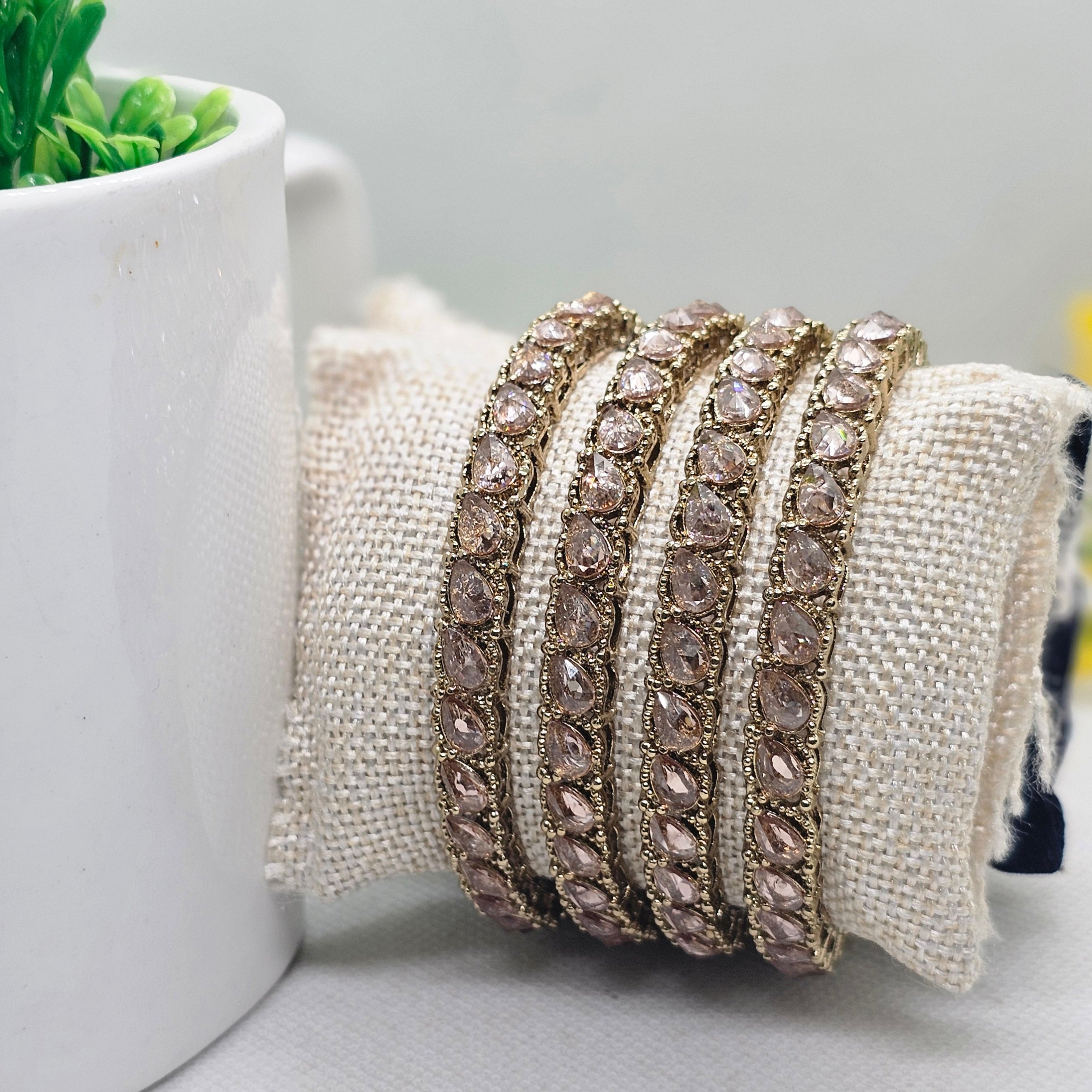 Antique Gold Tone American Diamond Bangles Set of 4 for Women – Traditional Wedding Party Wear Jewelry