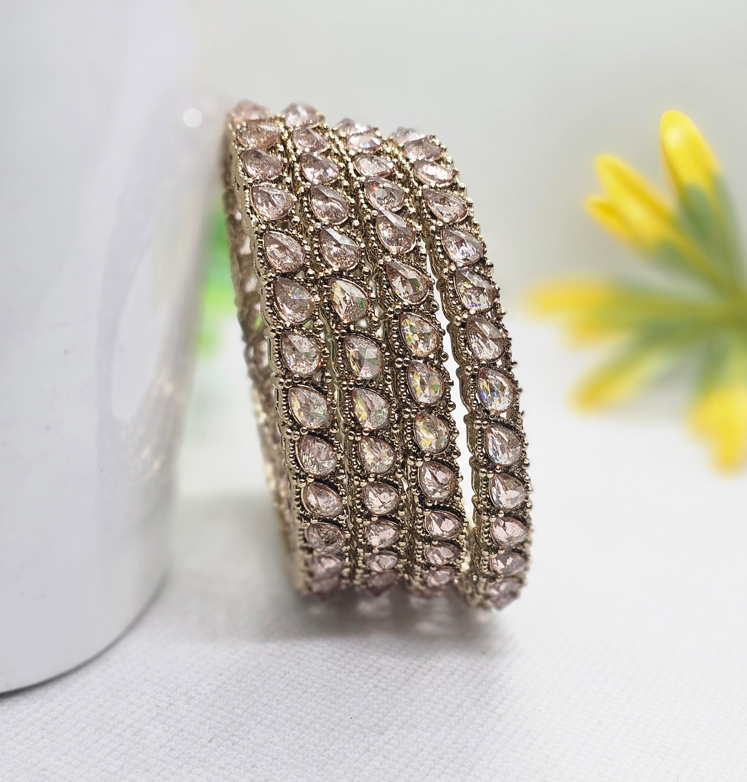 Antique Gold Tone American Diamond Bangles Set of 4 for Women – Traditional Wedding Party Wear Jewelry