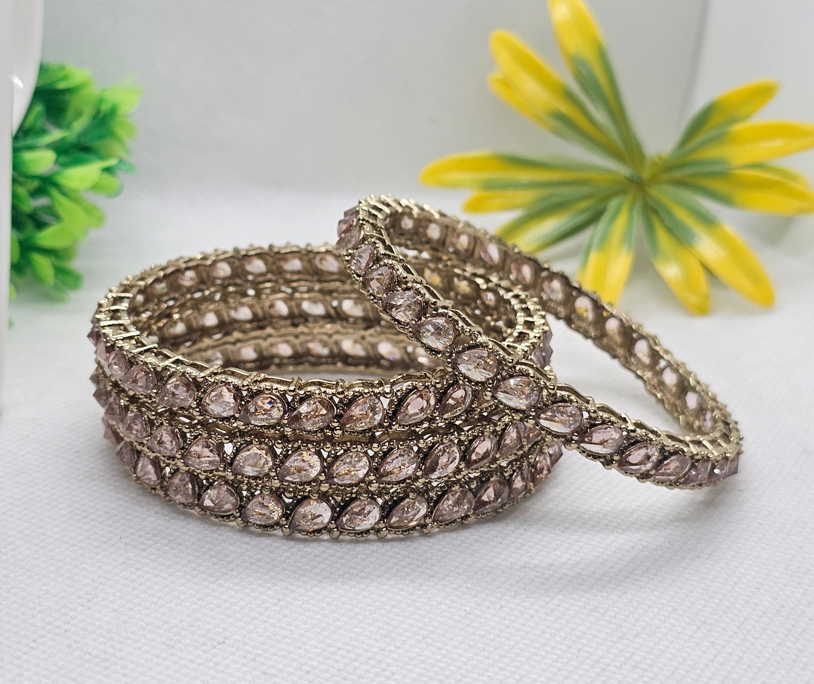 Antique Gold Tone American Diamond Bangles Set of 4 for Women – Traditional Wedding Party Wear Jewelry