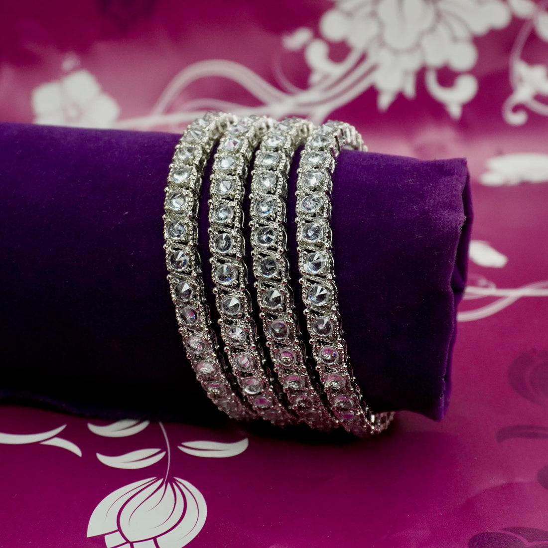 Designer Rhodium Plated American Diamond Bangles Set of 4 for Women Bridal Wedding Party Wear CZ Stone Luxury Kada Chudi