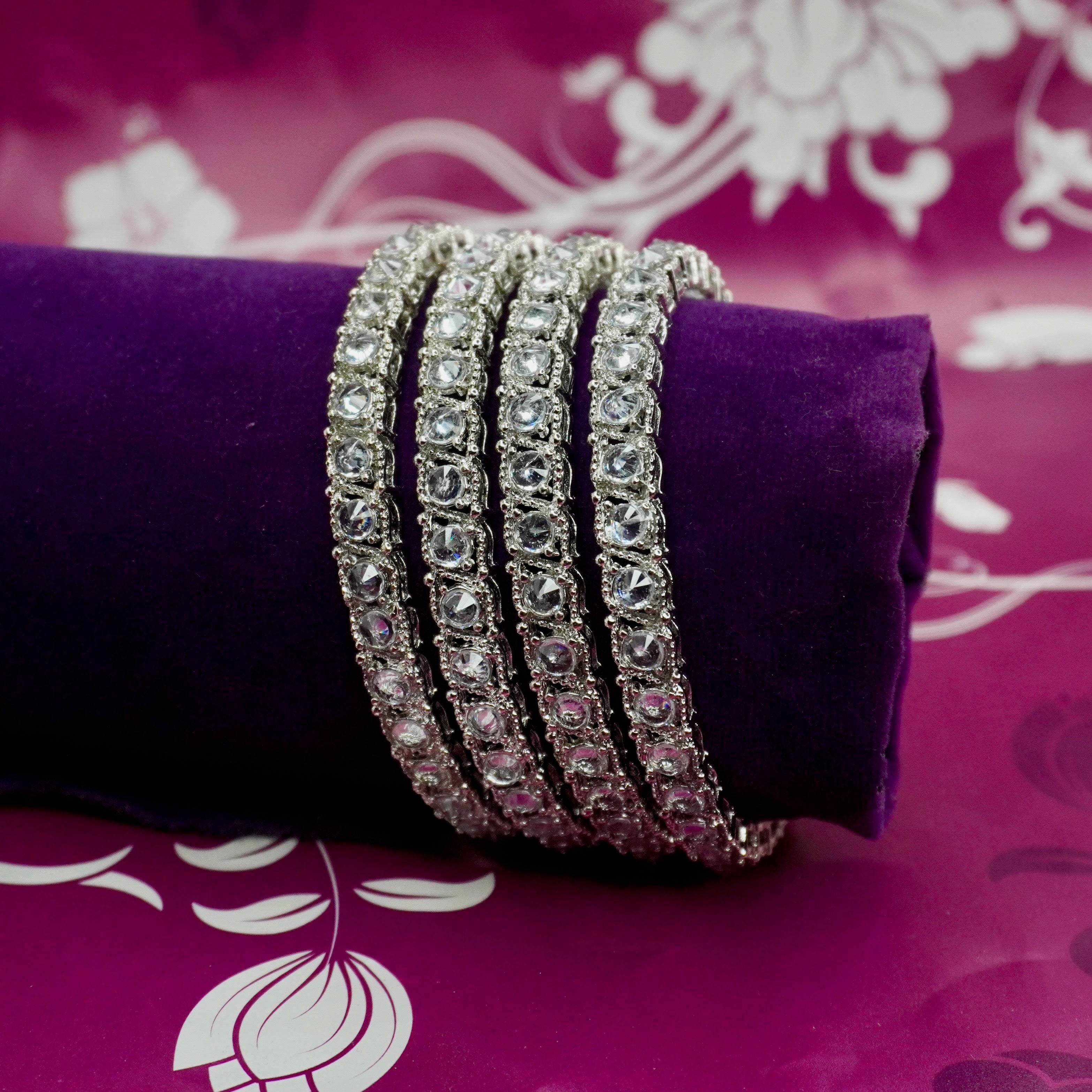 Designer Rhodium Plated American Diamond Bangles Set of 4 for Women Bridal Wedding Party Wear CZ Stone Luxury Kada Chudi