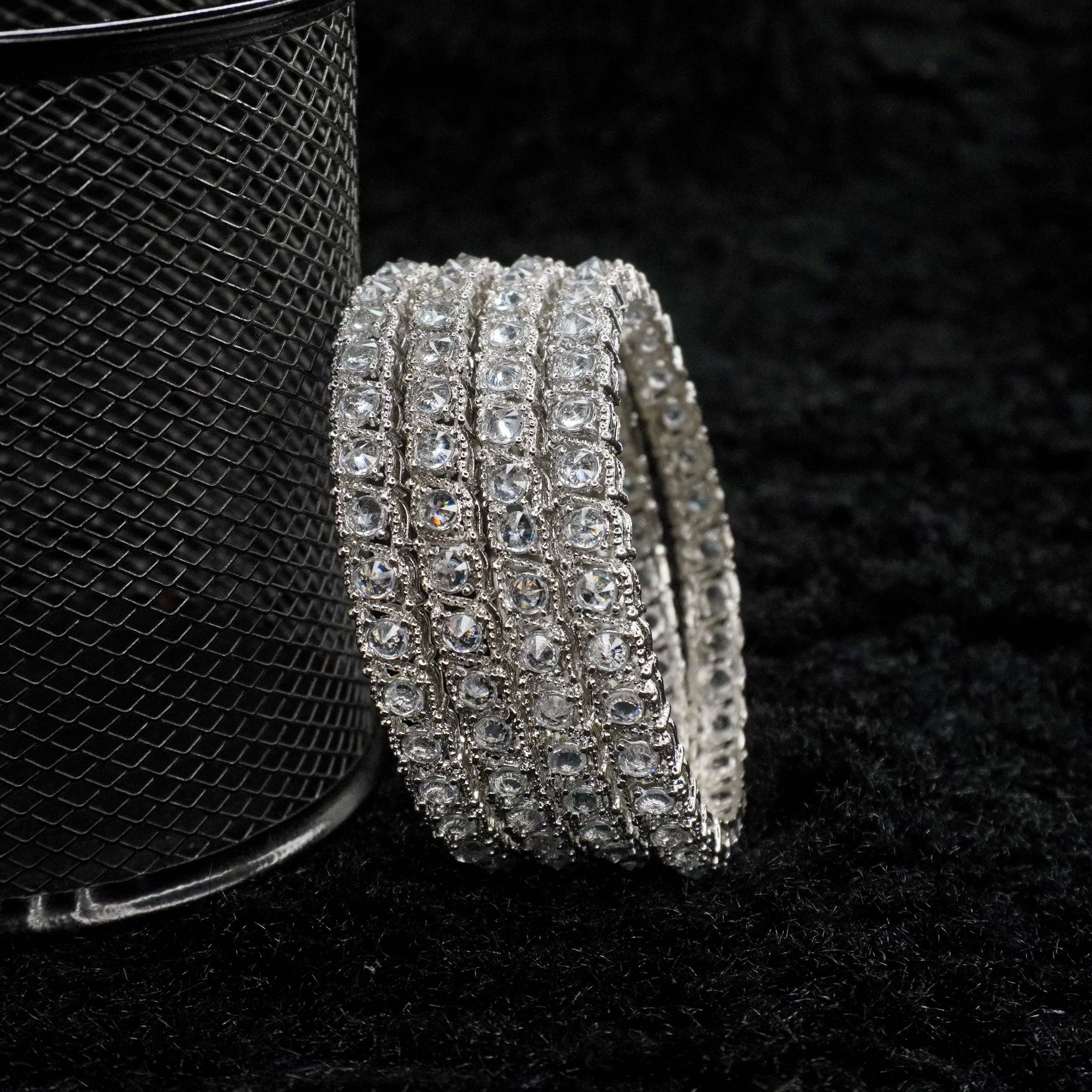 Designer Rhodium Plated American Diamond Bangles Set of 4 for Women Bridal Wedding Party Wear CZ Stone Luxury Kada Chudi