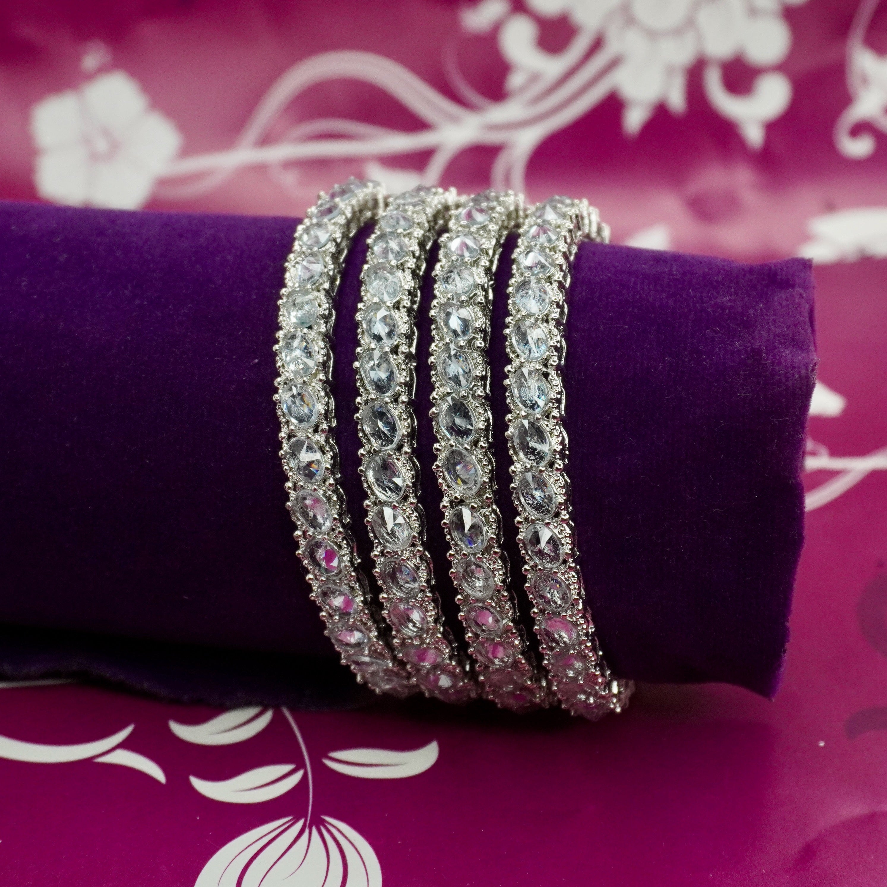 Traditional Silver Tone AD Bangles Set for Women – Bridal Wedding Party Wear Indian Kangan Churi