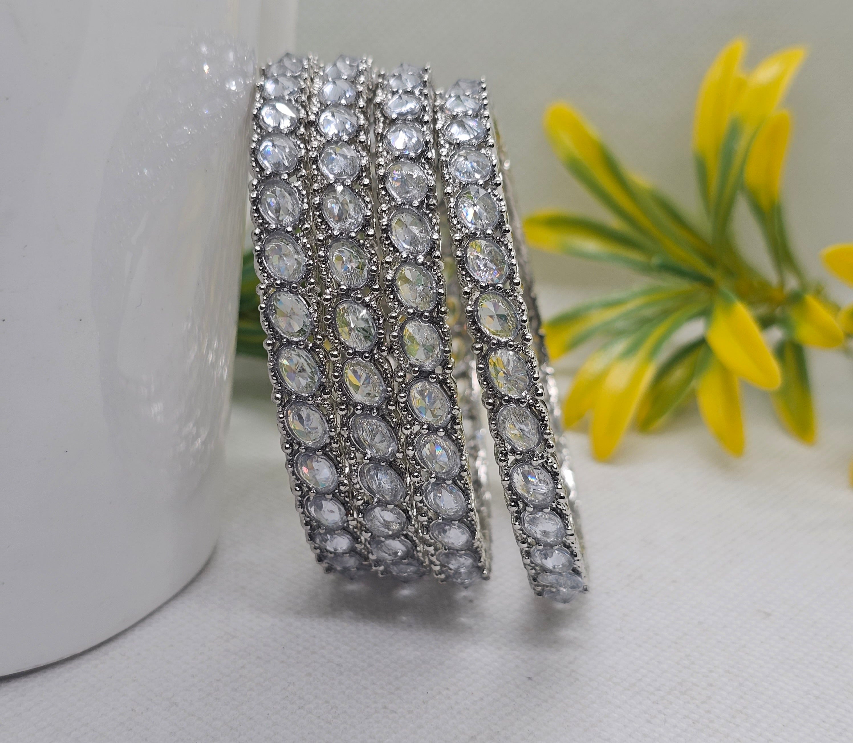 Traditional Silver Tone AD Bangles Set for Women – Bridal Wedding Party Wear Indian Kangan Churi