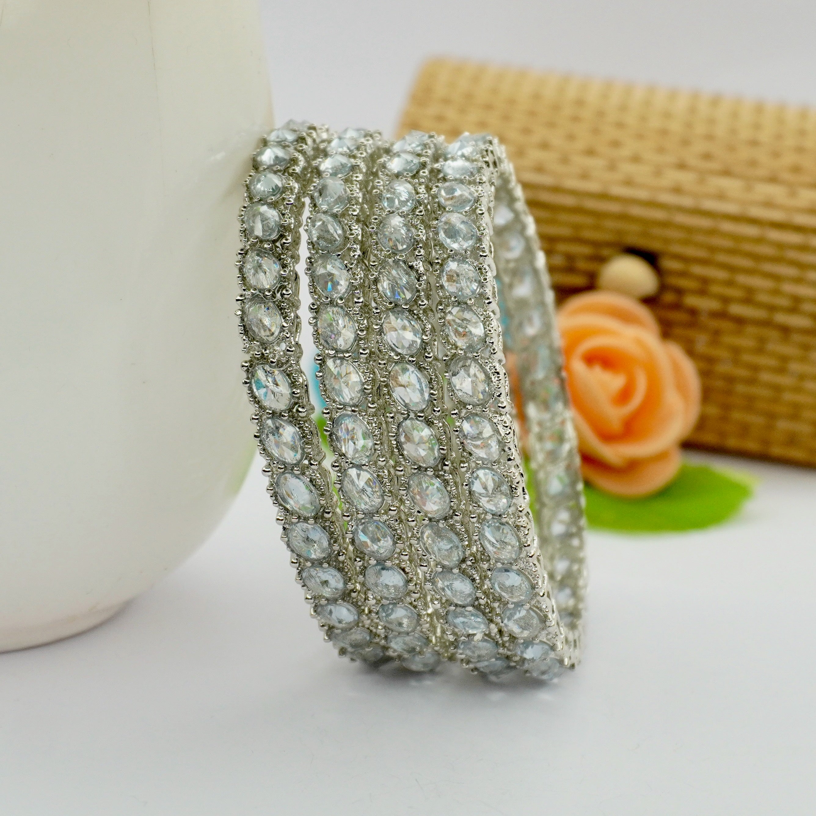 Traditional Silver Tone AD Bangles Set for Women – Bridal Wedding Party Wear Indian Kangan Churi