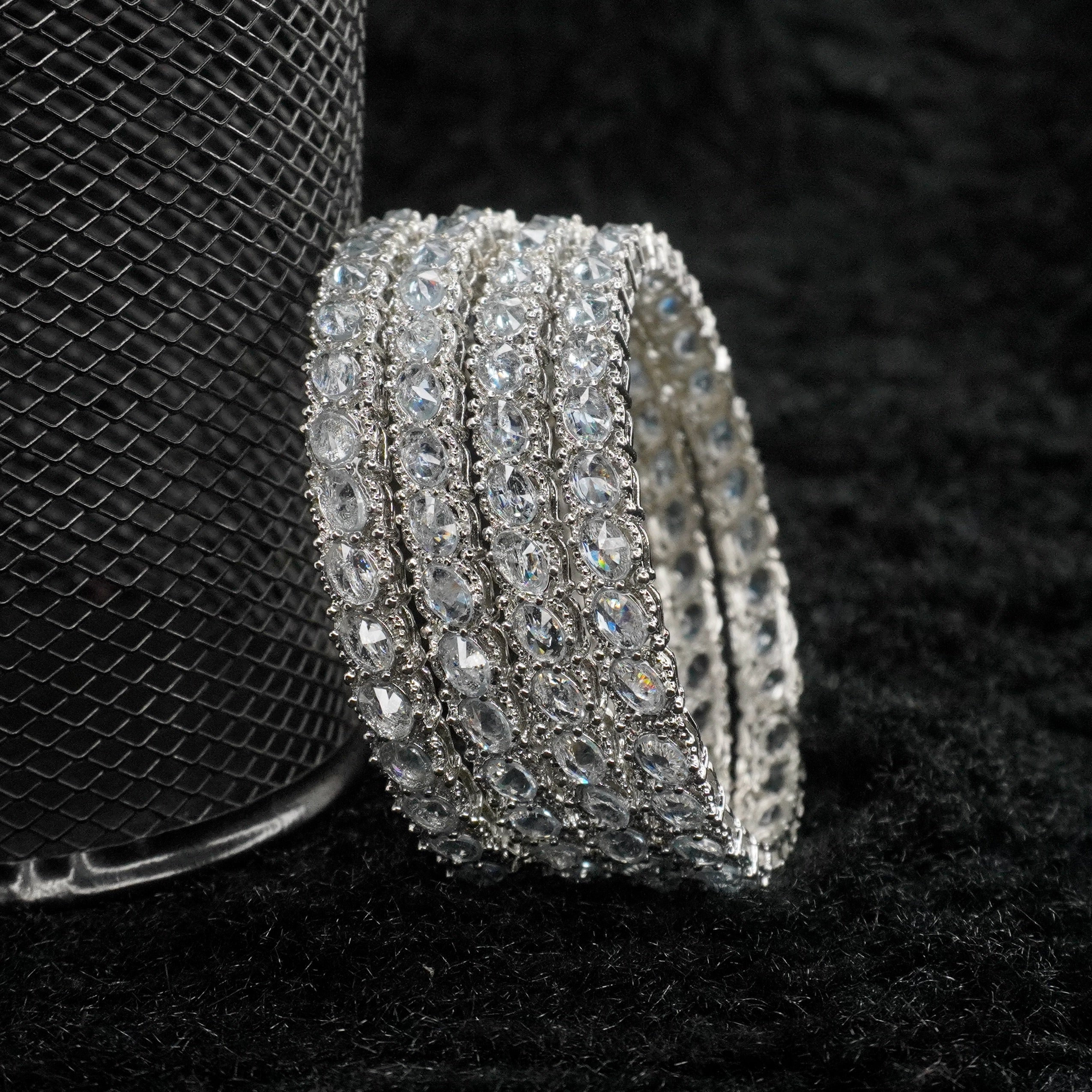 Traditional Silver Tone AD Bangles Set for Women – Bridal Wedding Party Wear Indian Kangan Churi