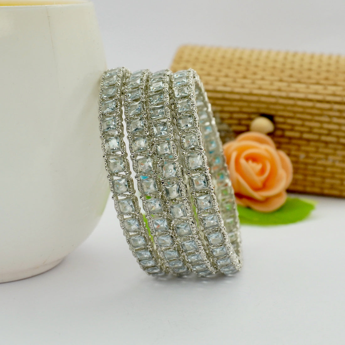 Designer Rhodium Plated American Diamond Princess Cut Bangles Set of 6 for Women Bridal Wedding Party Wear Silver AD Chudi