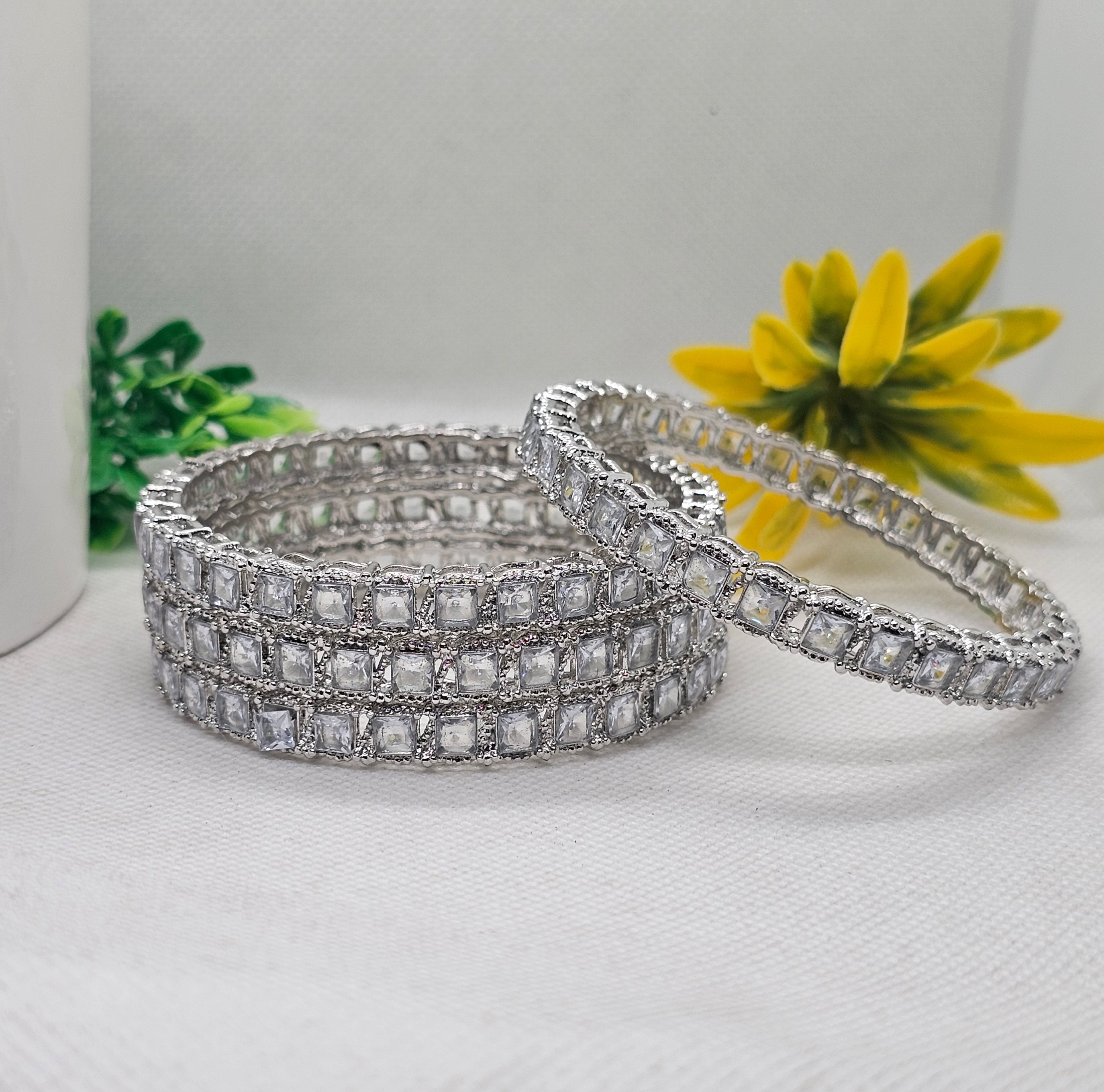 Designer Rhodium Plated American Diamond Princess Cut Bangles Set of 6 for Women Bridal Wedding Party Wear Silver AD Chudi