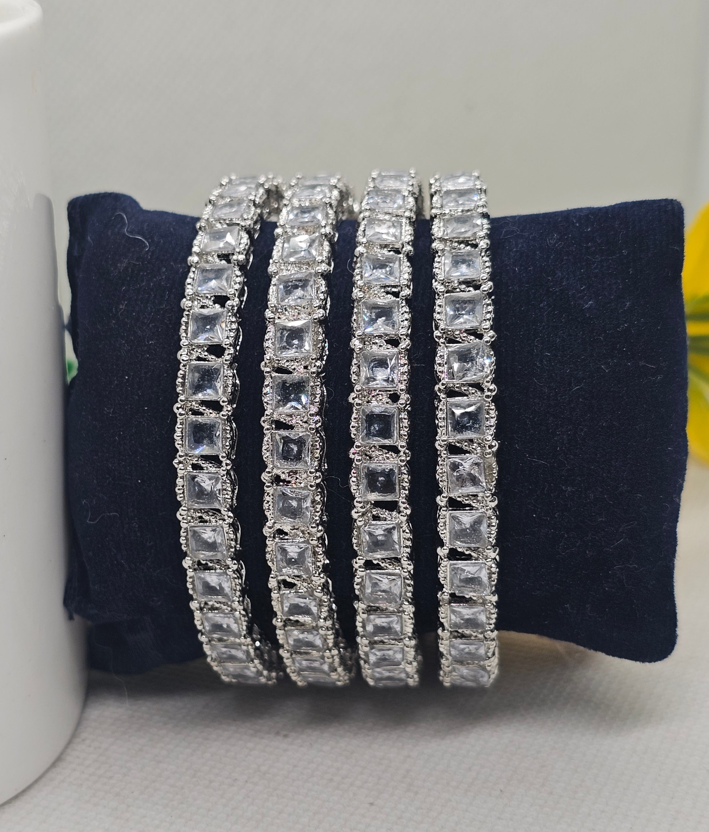Designer Rhodium Plated American Diamond Princess Cut Bangles Set of 6 for Women Bridal Wedding Party Wear Silver AD Chudi
