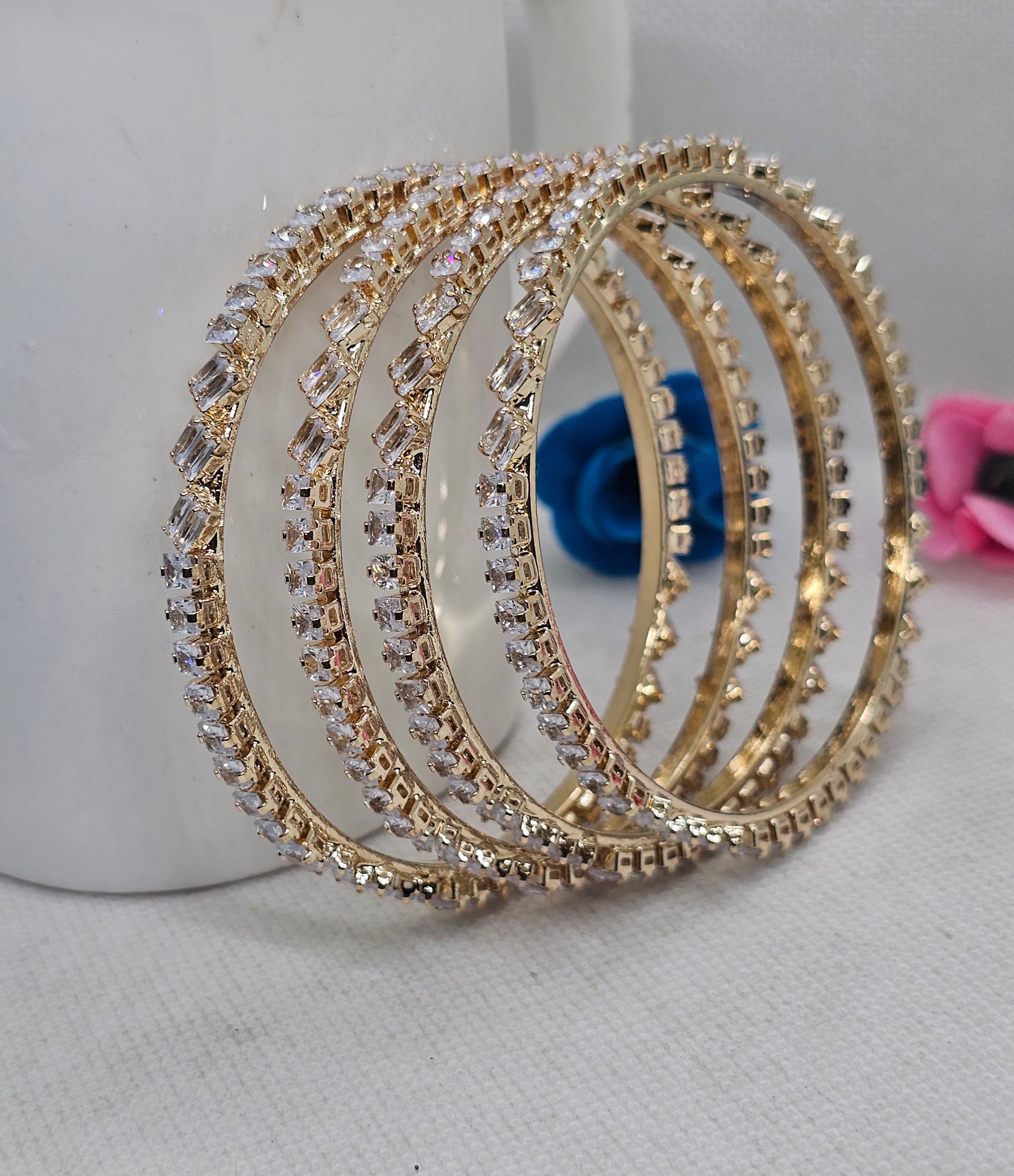 Premium Bridal Gold Plated American Diamond Baguette Kangan Bangles Pair for Wedding
