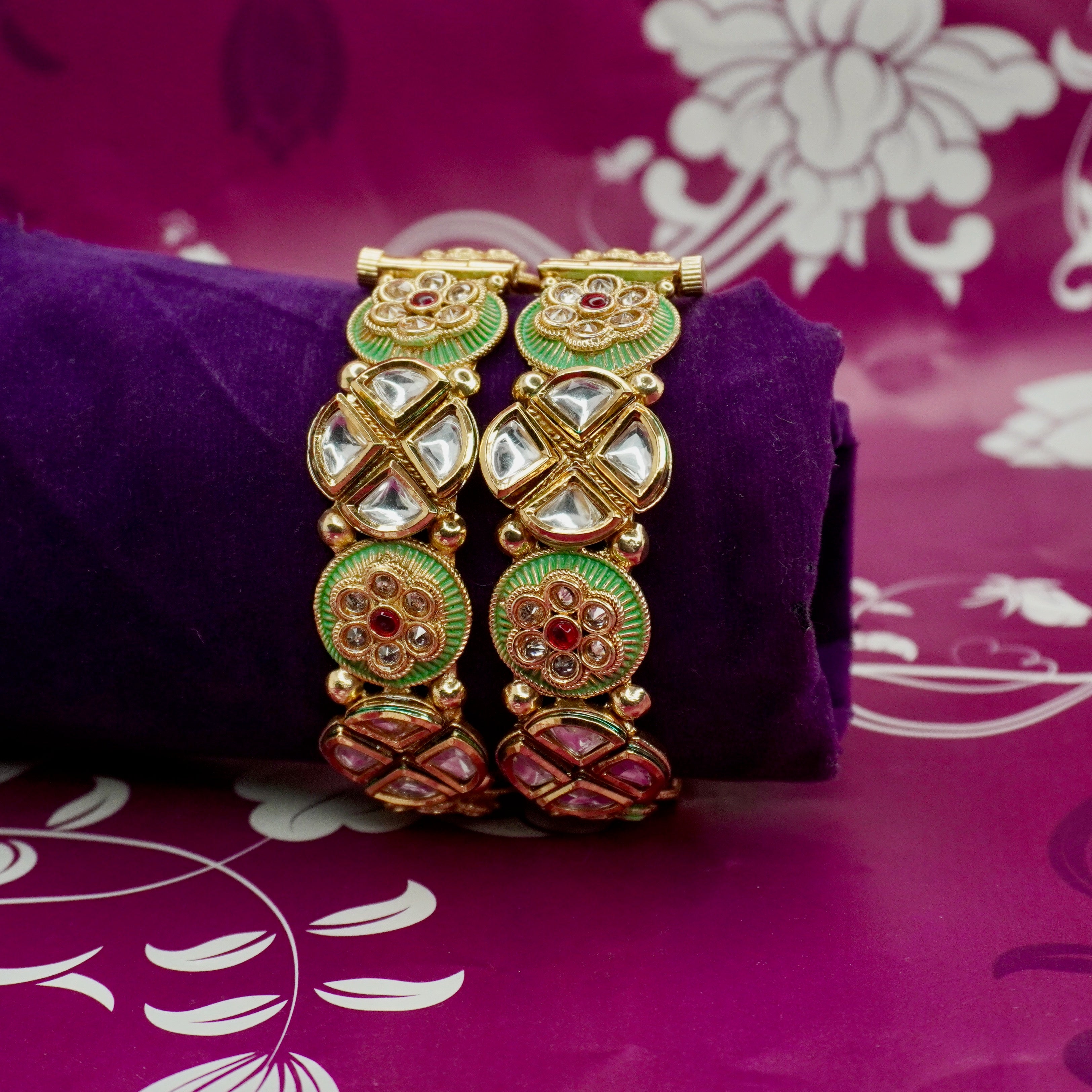 Indian Gold Plated Kundan Polki Meenakari Bridal Bangles Pair Traditional Ethnic Jewelry Gift for Women