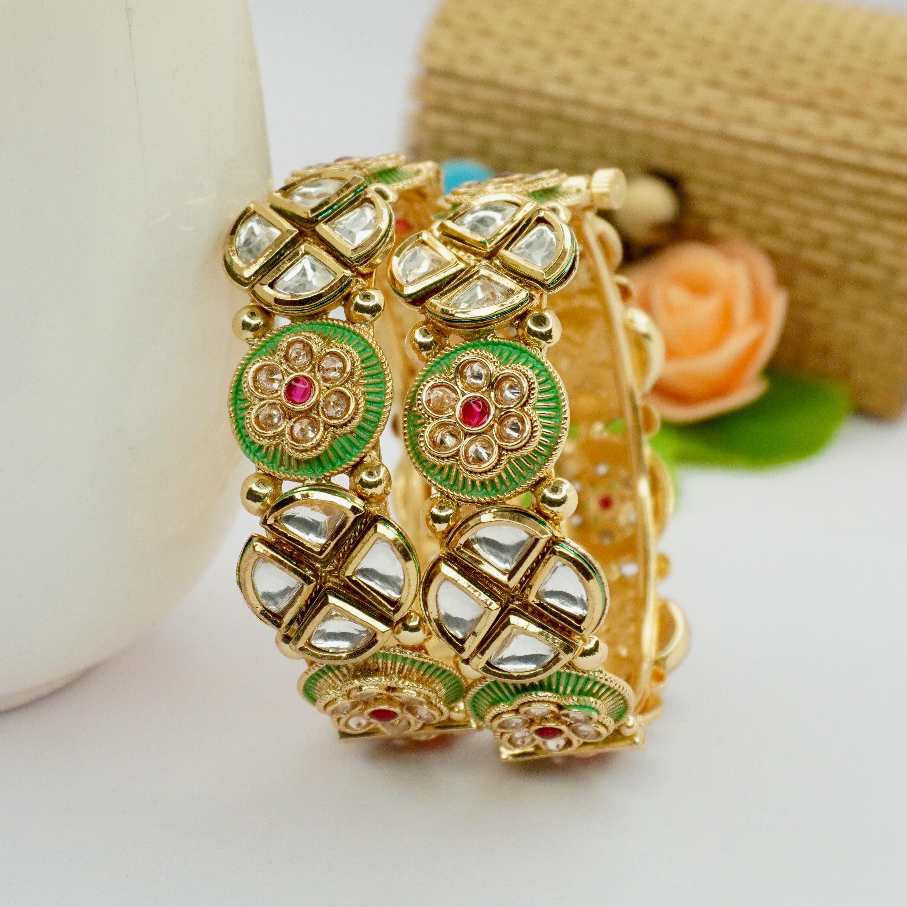 Indian Gold Plated Kundan Polki Meenakari Bridal Bangles Pair Traditional Ethnic Jewelry Gift for Women