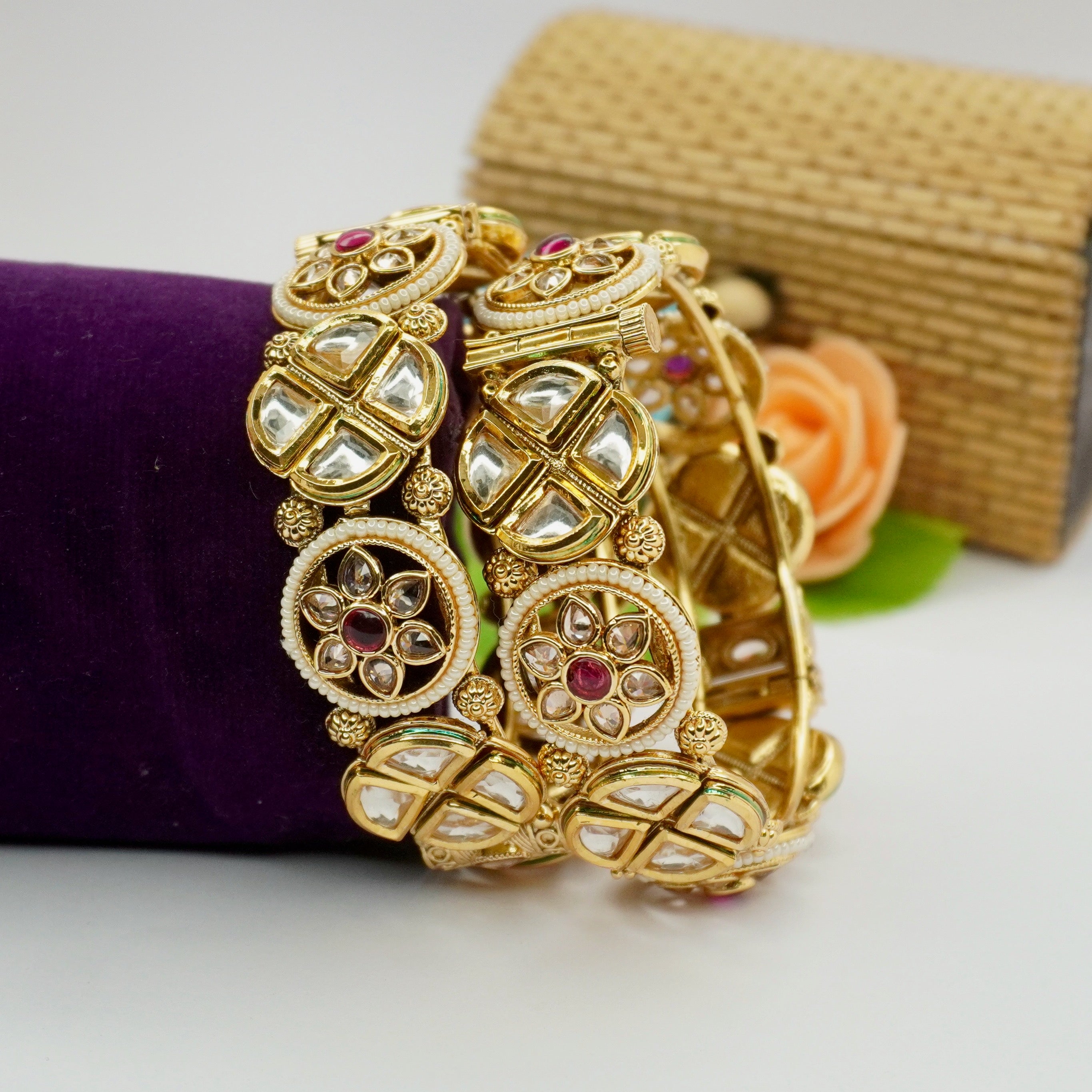 Handcrafted Indian Gold Plated Kundan Bridal Hinged Bangles Pair with Ruby Floral Motif Traditional Ethnic Jewelry