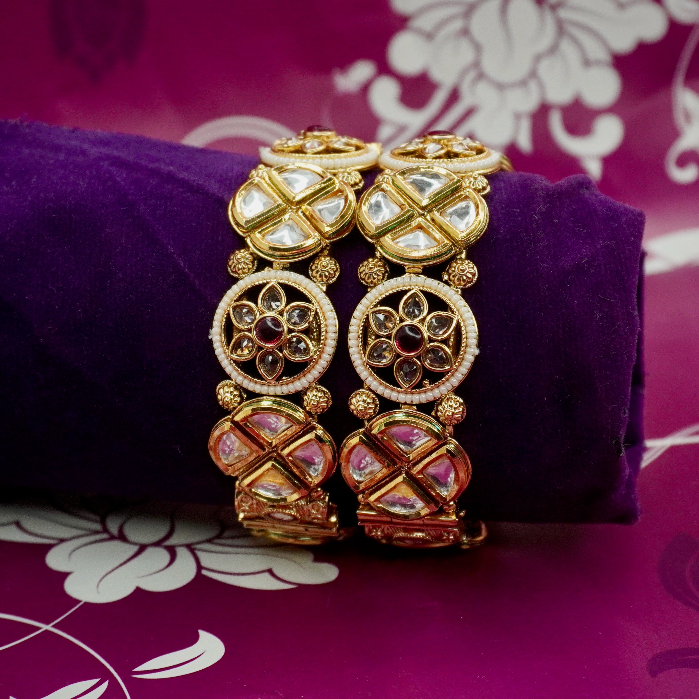 Handcrafted Indian Gold Plated Kundan Bridal Hinged Bangles Pair with Ruby Floral Motif Traditional Ethnic Jewelry