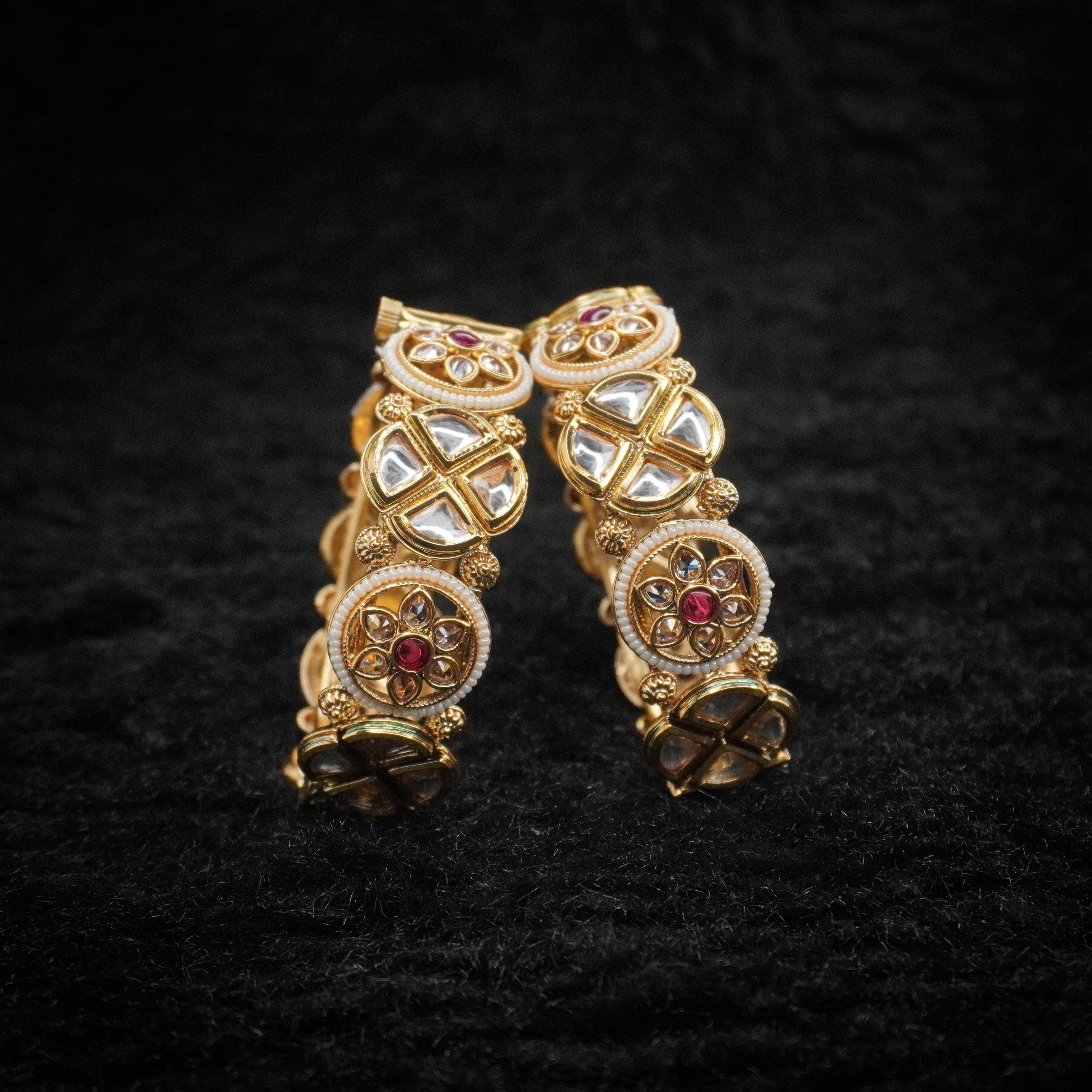 Handcrafted Indian Gold Plated Kundan Bridal Hinged Bangles Pair with Ruby Floral Motif Traditional Ethnic Jewelry