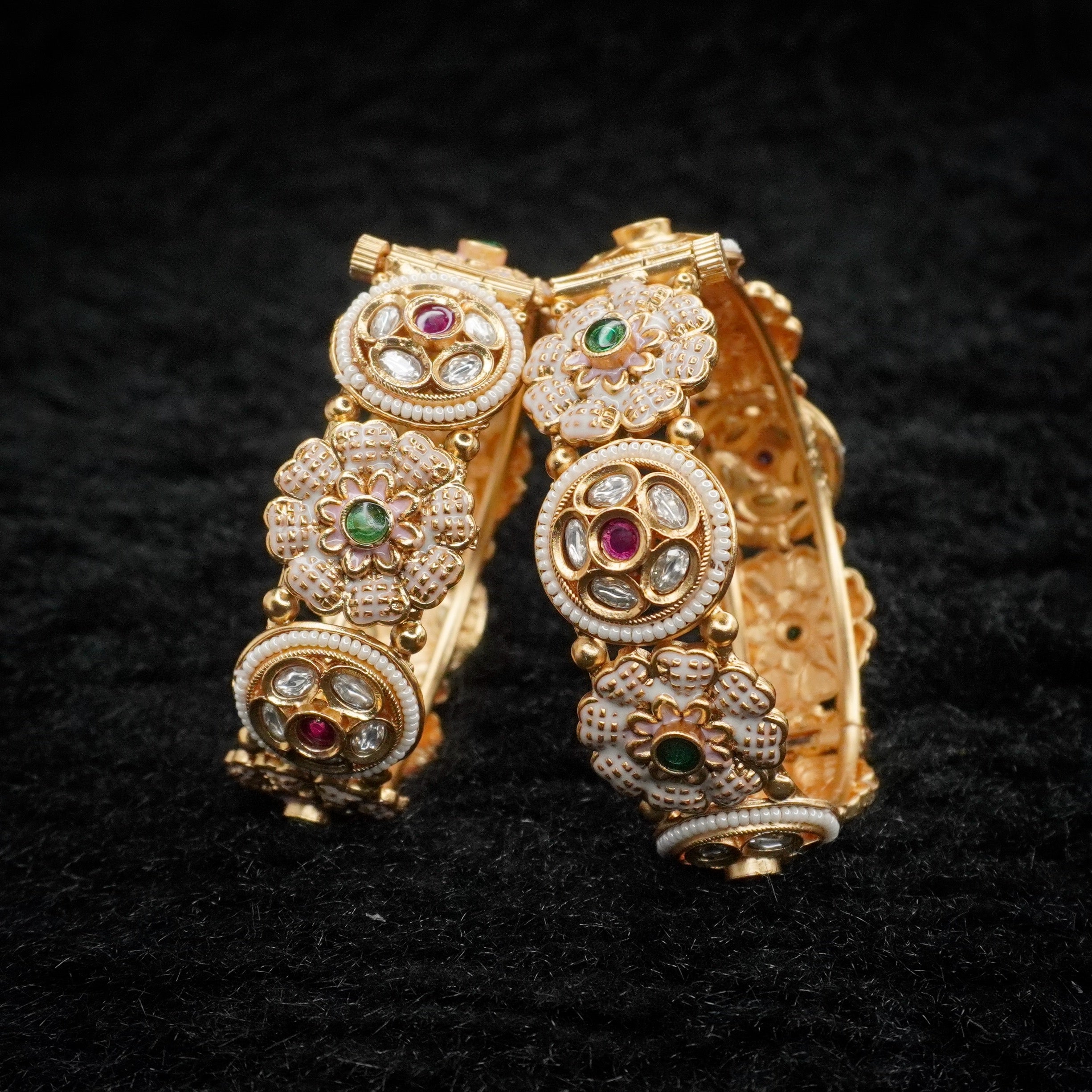Luxury Designer Gold Kundan Meenakari Bangles Pair Elegant Floral Wedding Jewellery for Women