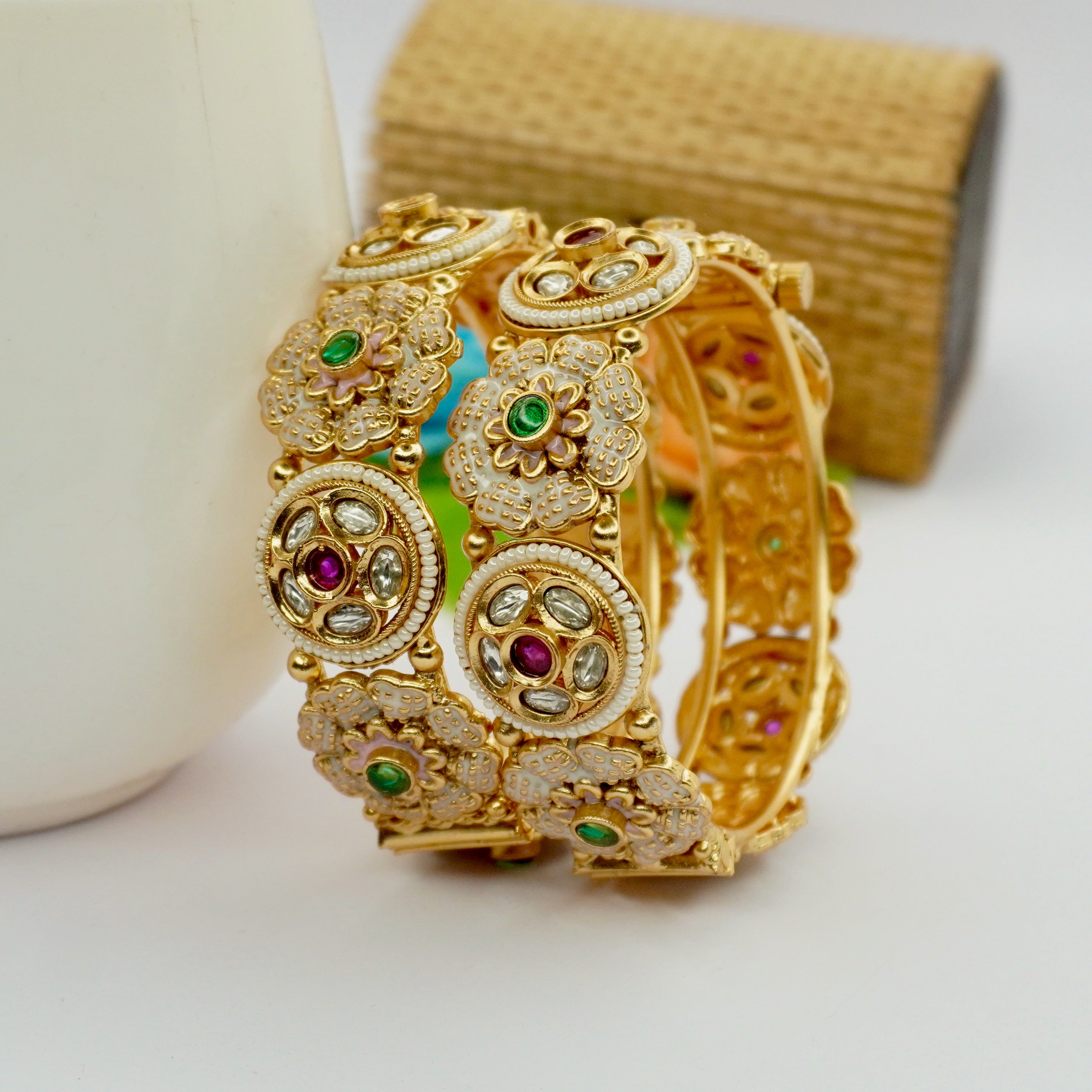 Luxury Designer Gold Kundan Meenakari Bangles Pair Elegant Floral Wedding Jewellery for Women