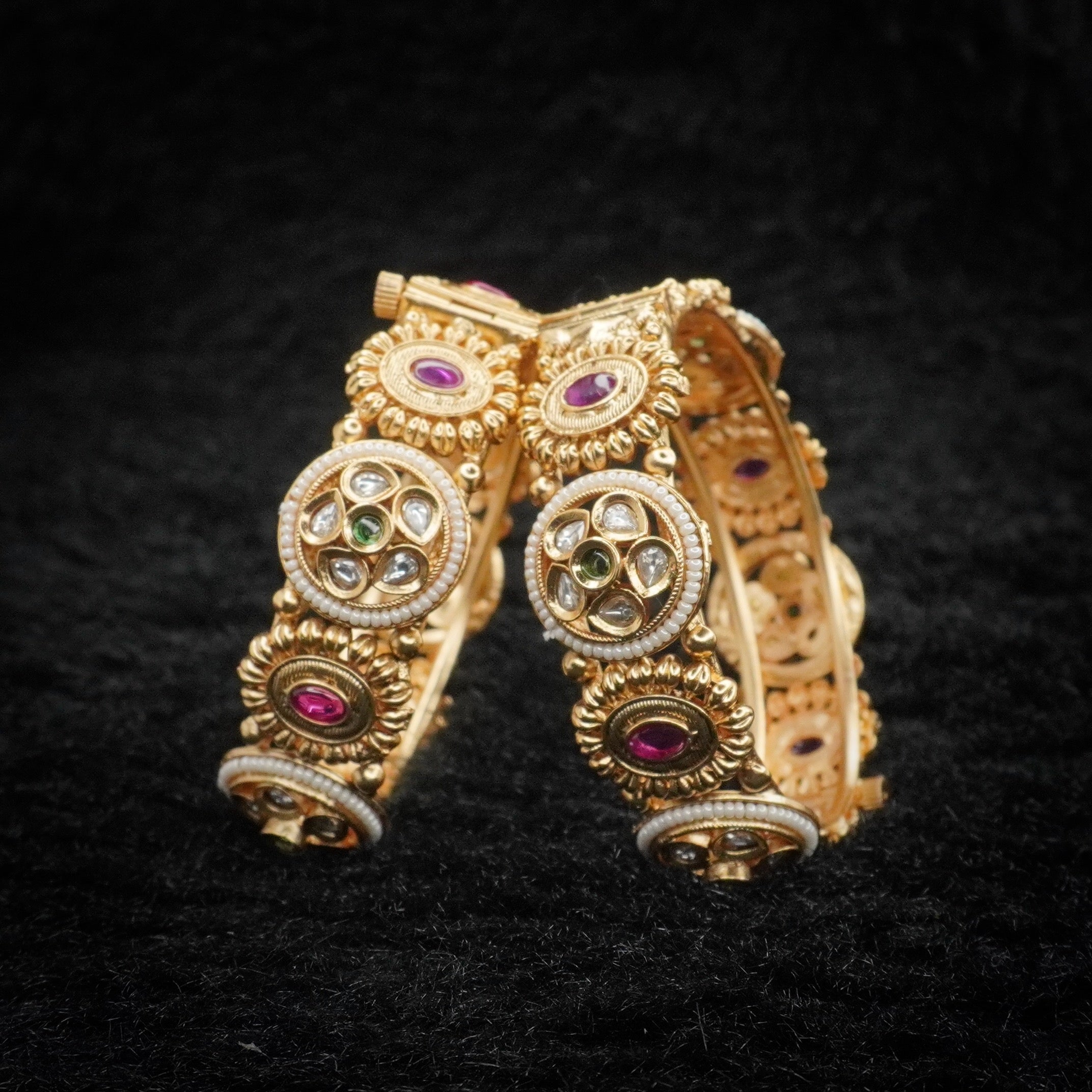 Premium Gold Plated Kundan Pearl Openable Kangan Bangles Pair for Women Wedding Bridal Ethnic Wear