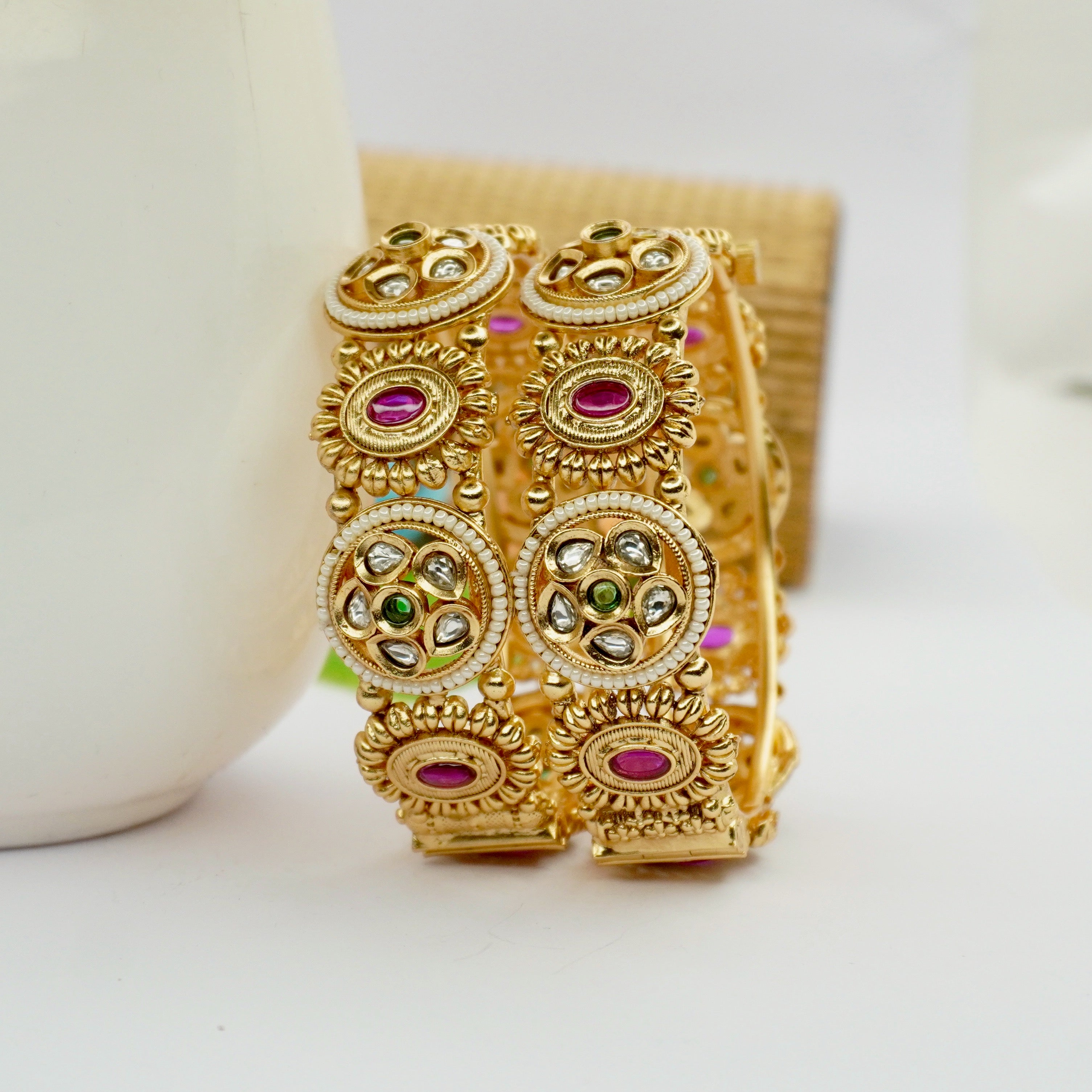 Premium Gold Plated Kundan Pearl Openable Kangan Bangles Pair for Women Wedding Bridal Ethnic Wear