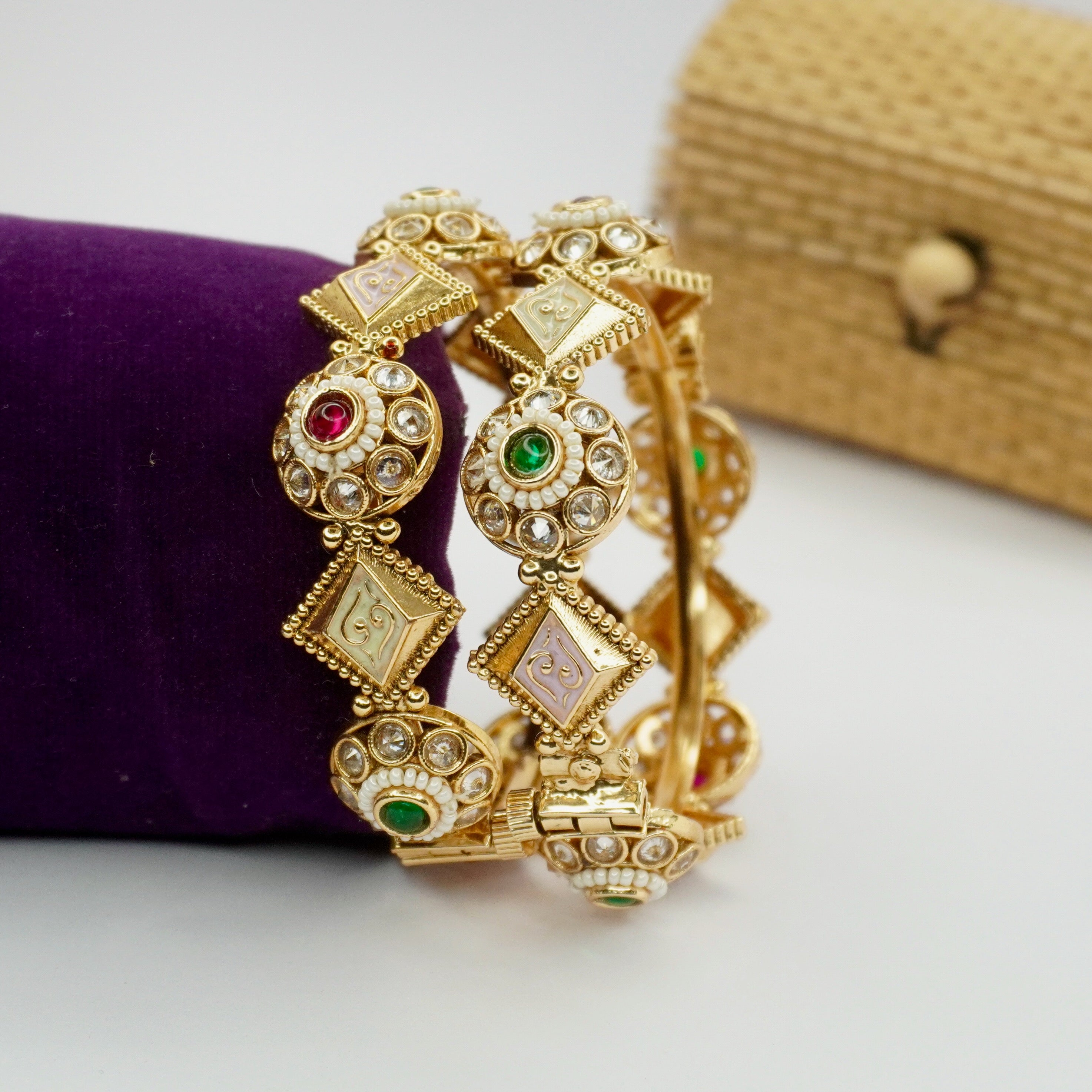 Latest Gold Plated Traditional Kundan Pearl Bangles Pair for Women Bridal Ethnic Designer Kangan