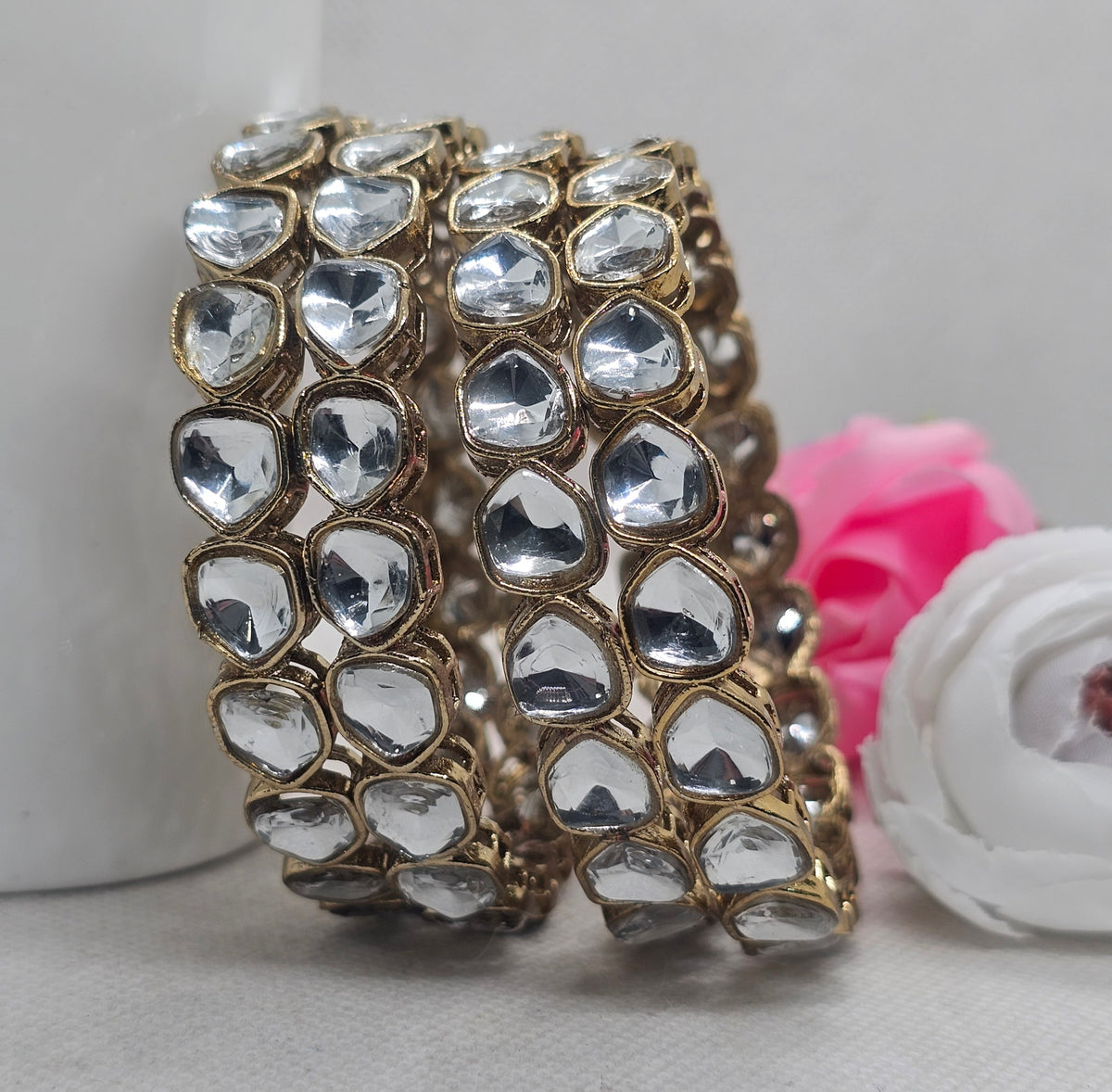 Mehandi -Plated Polki Kundan Bangles Set of 4 with White Stones – Traditional Bridal Wear
