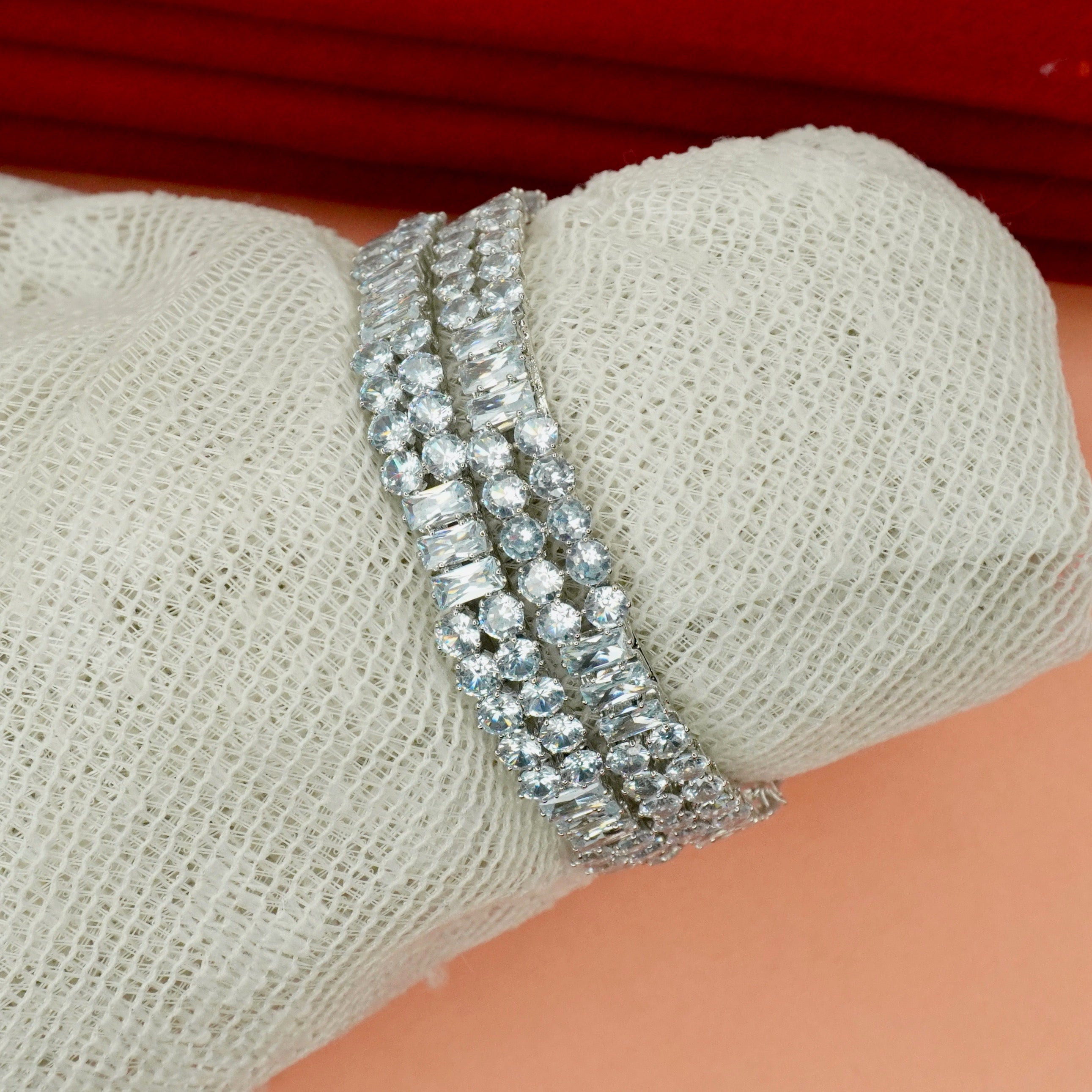 Premium Rhodium Plated American Diamond Bangles Pair for Women Wedding Bridal Party Wear Silver CZ Kangan