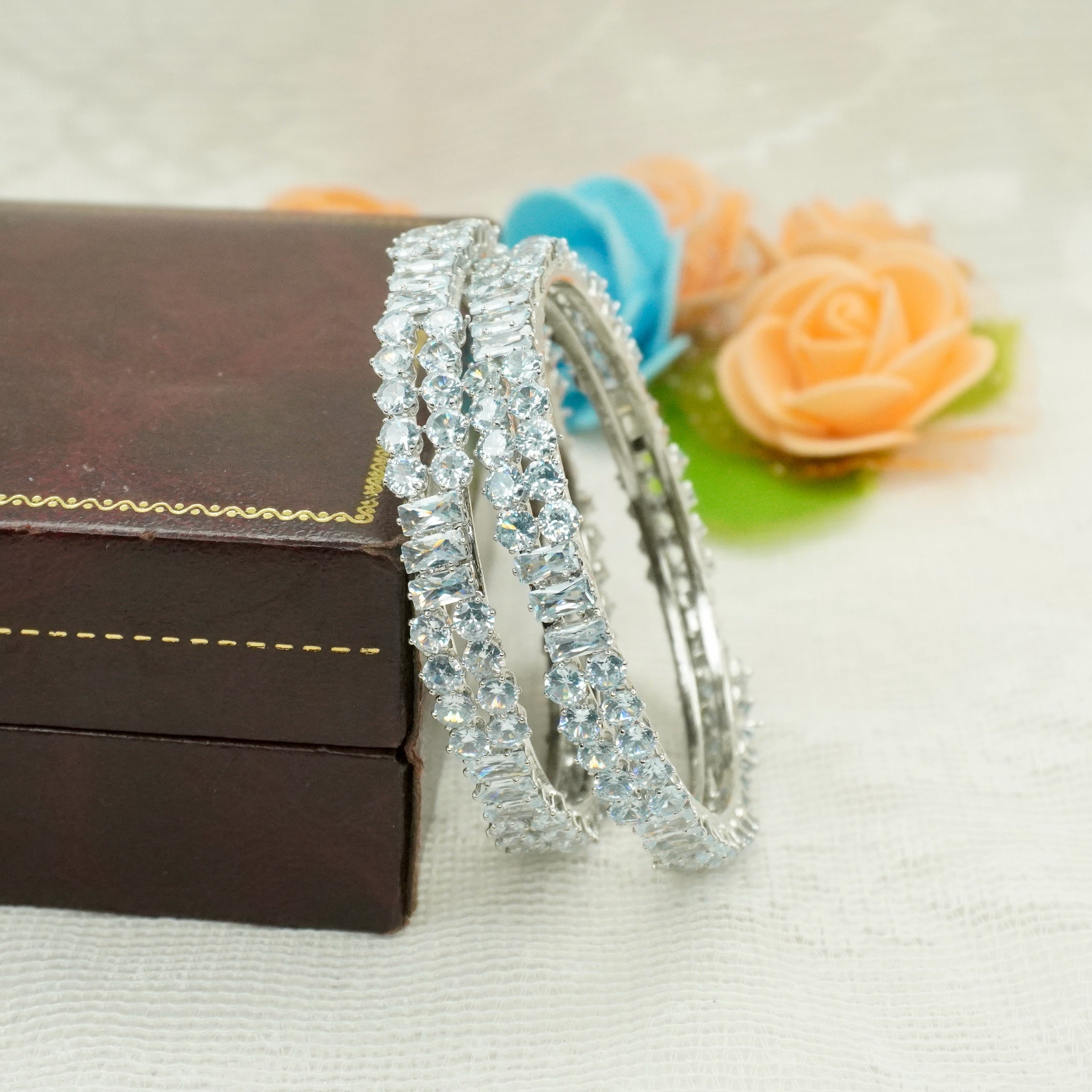 Premium Rhodium Plated American Diamond Bangles Pair for Women Wedding Bridal Party Wear Silver CZ Kangan