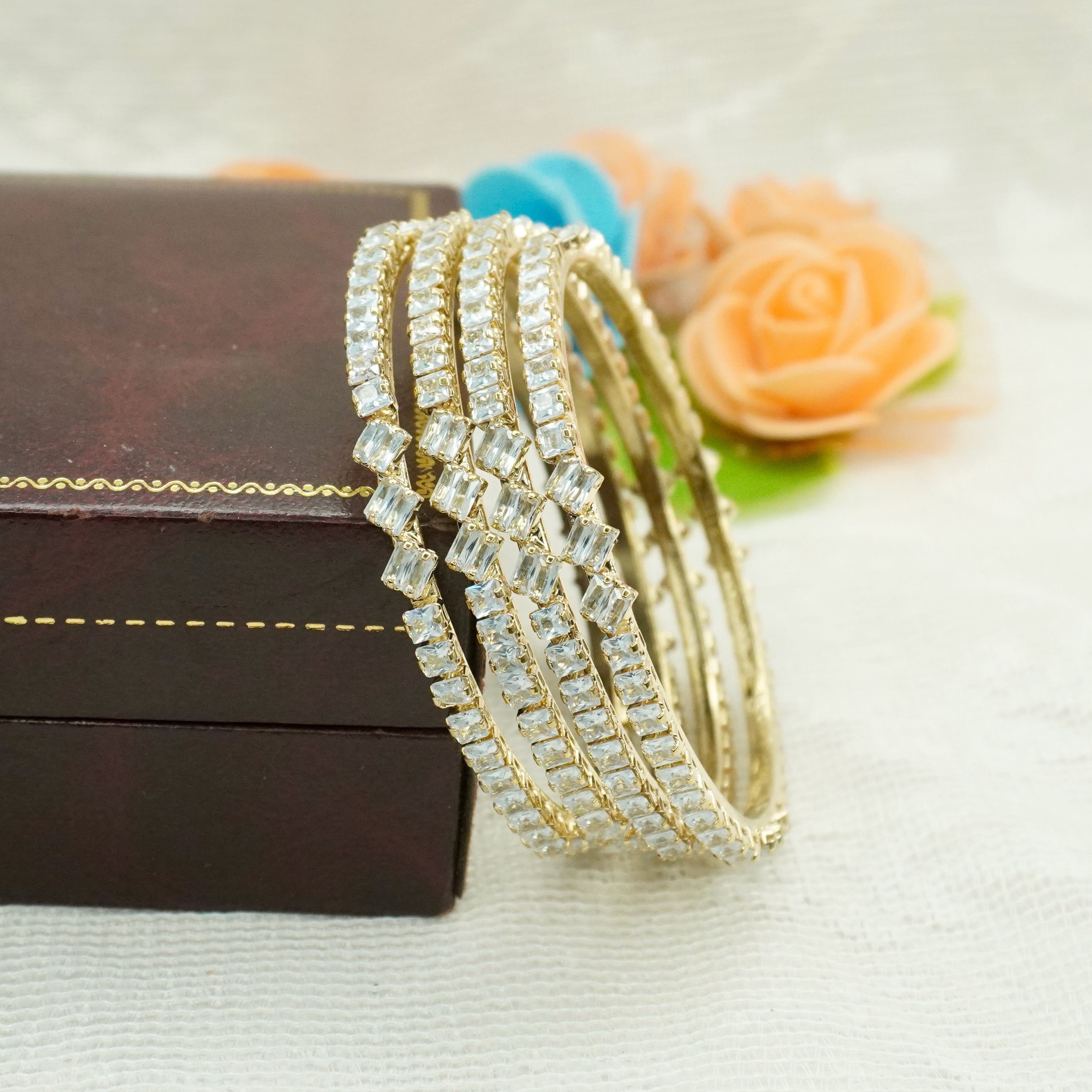 Premium Bridal Gold Plated American Diamond Baguette Kangan Bangles Pair for Wedding