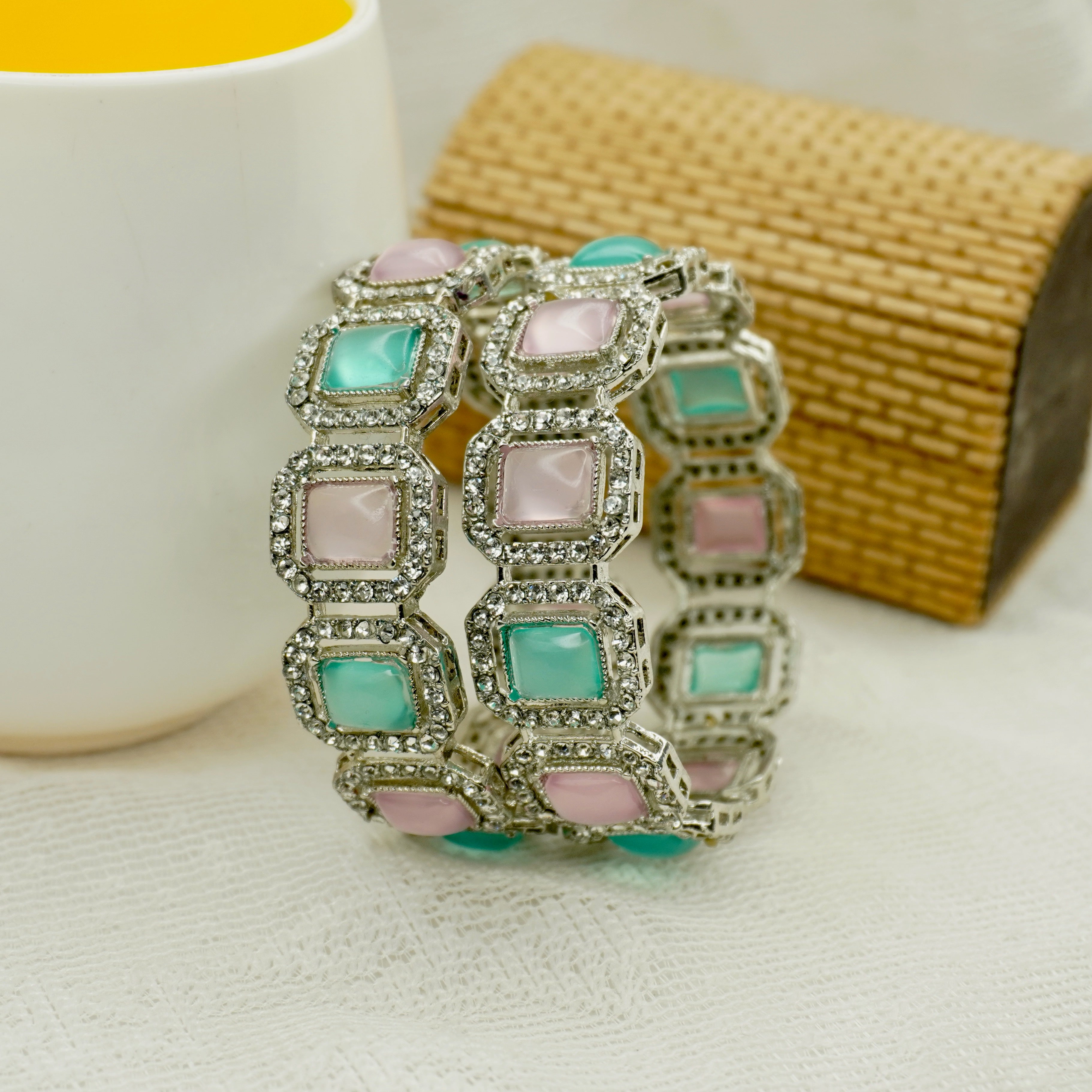 Designer Rhodium-Plated Kundan Style Multicolor Statement Bangles