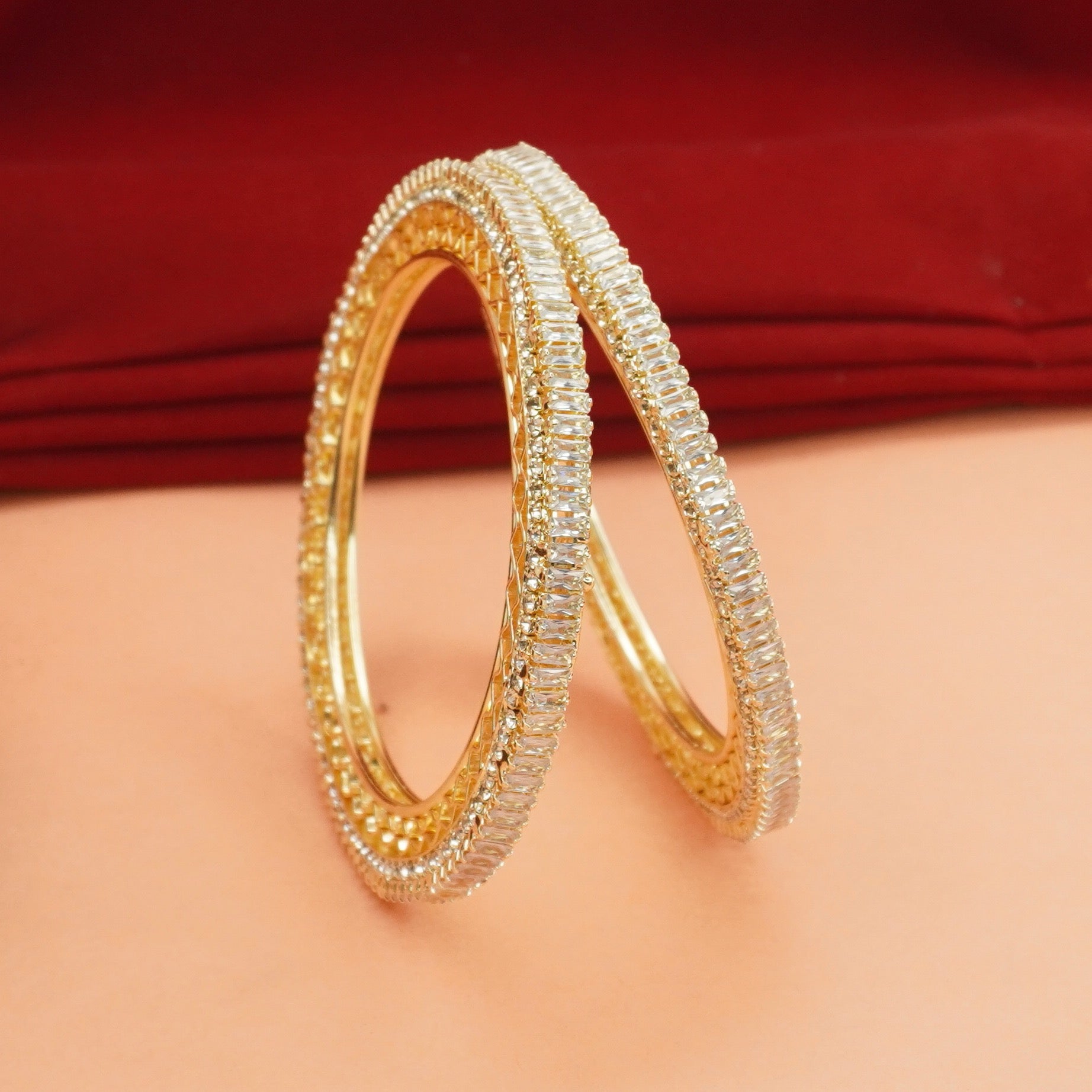 Premium Gold Plated AD Baguette Stone Bangles Pair for Women Wedding Bridal Traditional Party Wear