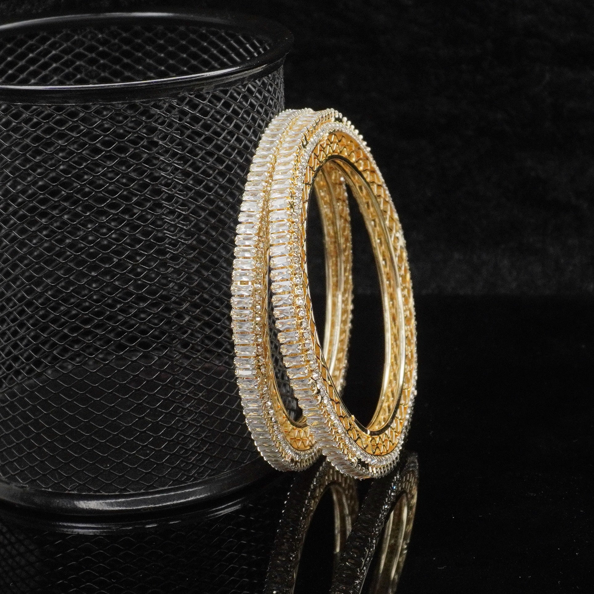 Premium Gold Plated AD Baguette Stone Bangles Pair for Women Wedding Bridal Traditional Party Wear