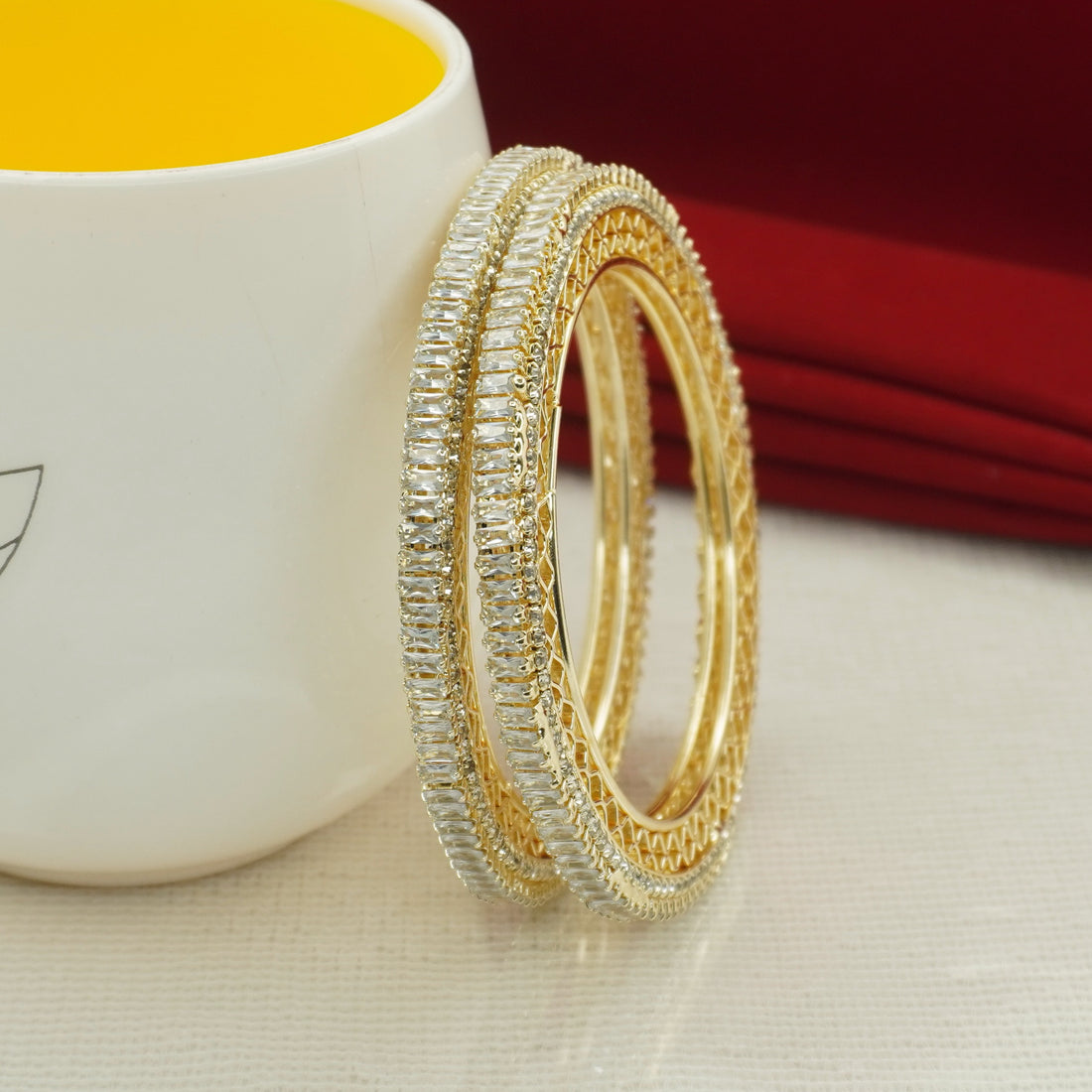 Premium Gold Plated AD Baguette Stone Bangles Pair for Women Wedding Bridal Traditional Party Wear