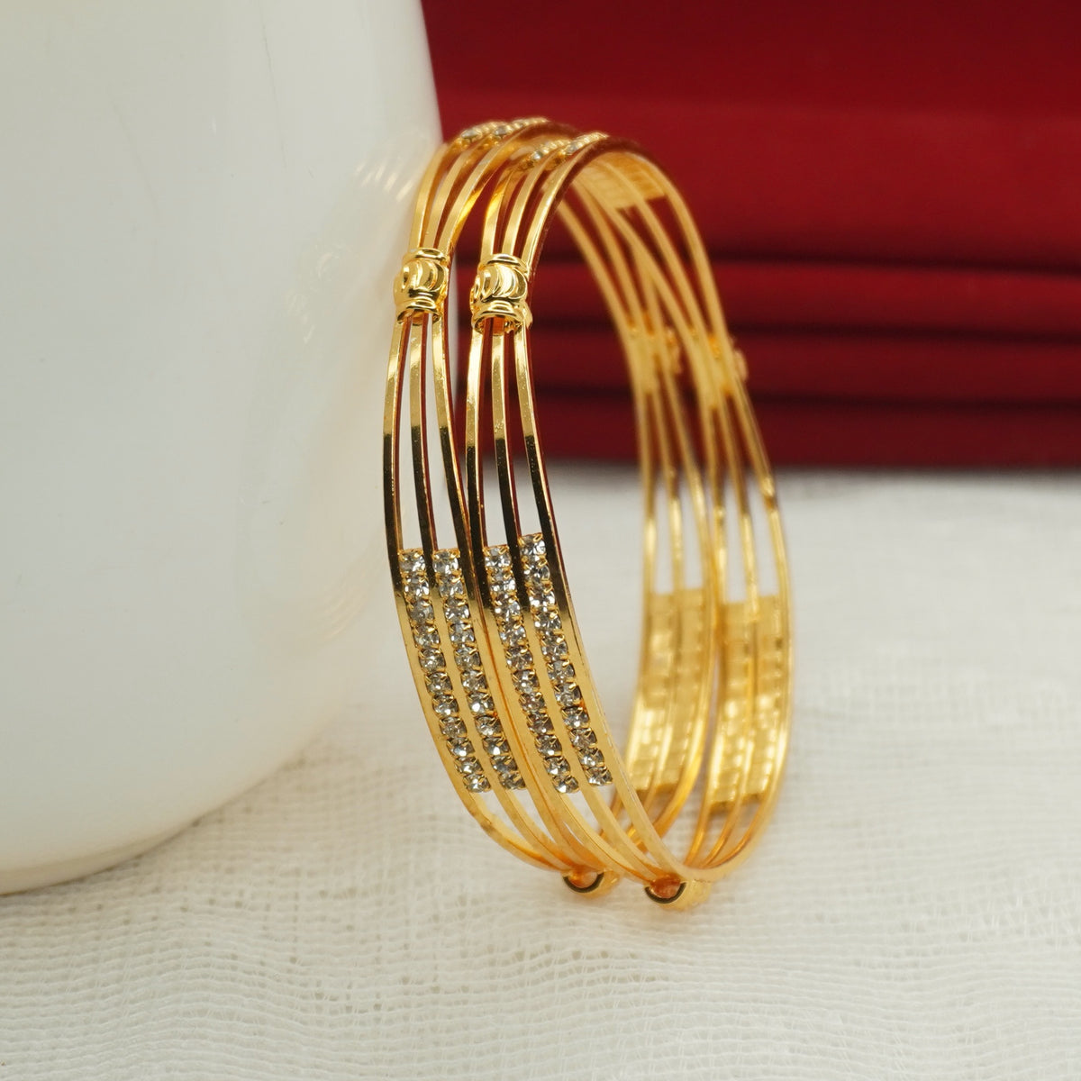 Gold Plated Multi-Line Stone Studded Bangles – Set of 2 | Elegant Daily & Party Wear Bangles for Women
