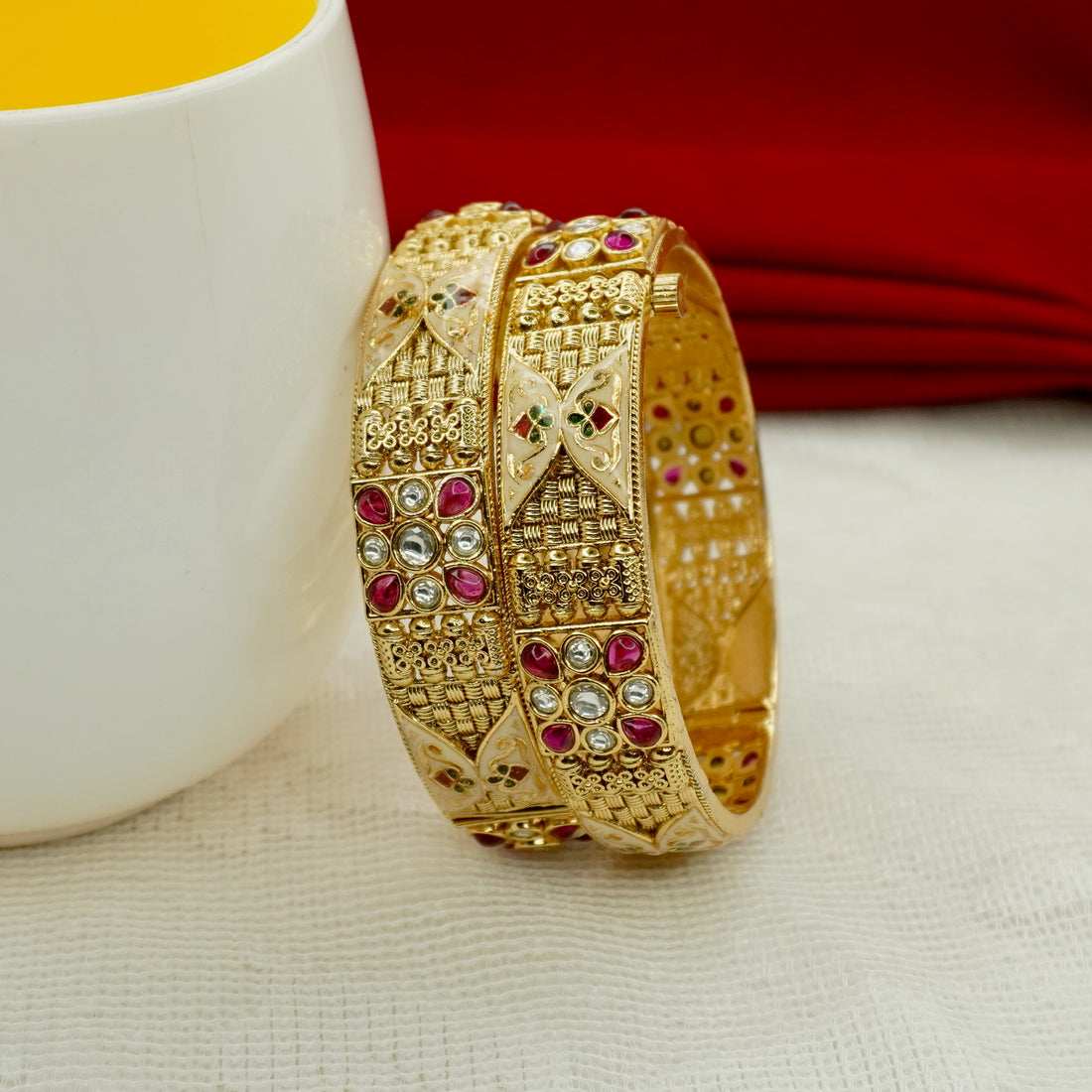 Luxury Designer Gold Plated Bridal Kundan Bangles Pair for Women Festive Ethnic Jewellery